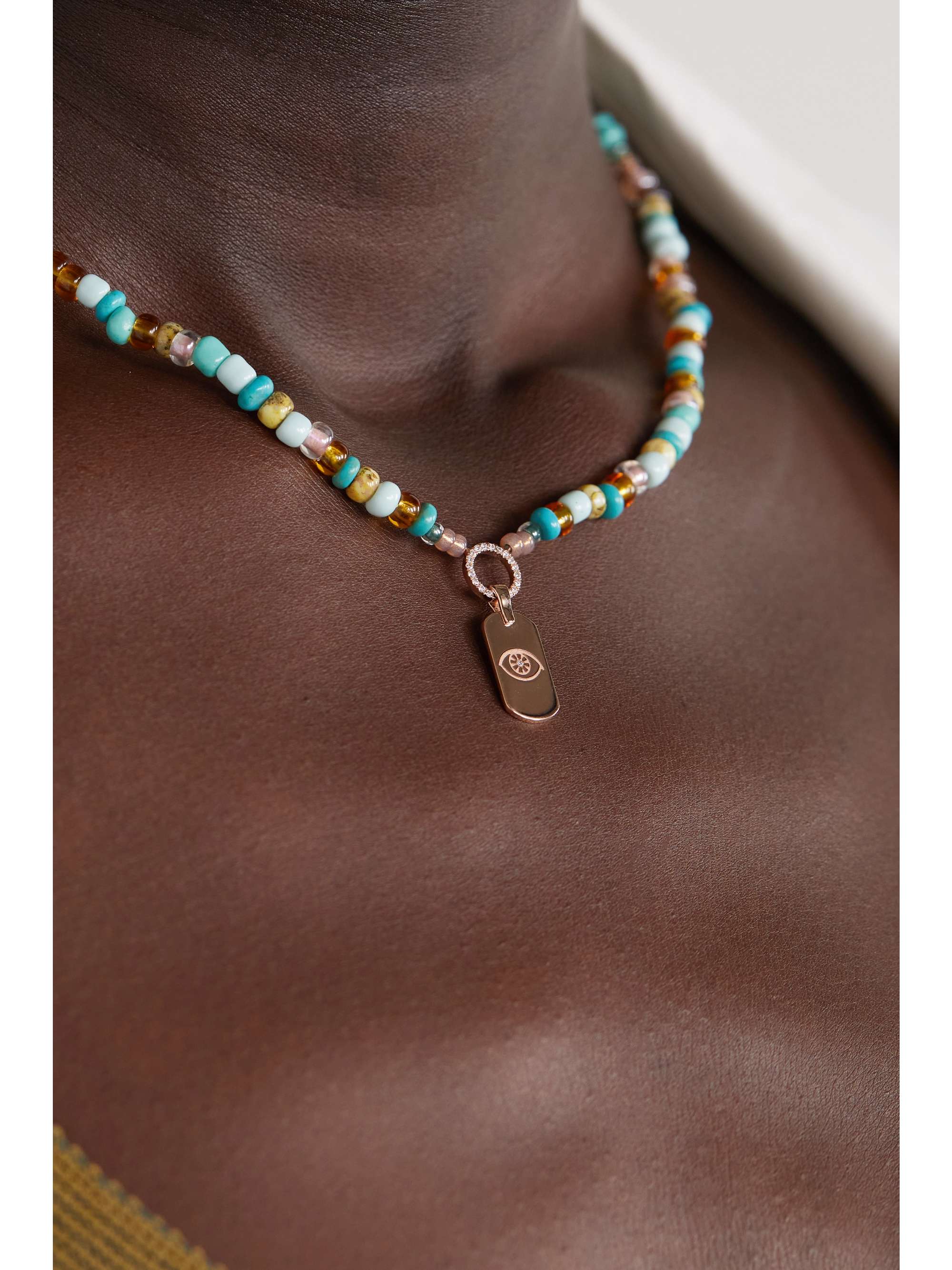 DIANE KORDAS Evil Eye 14-karat rose gold, bead and diamond necklace