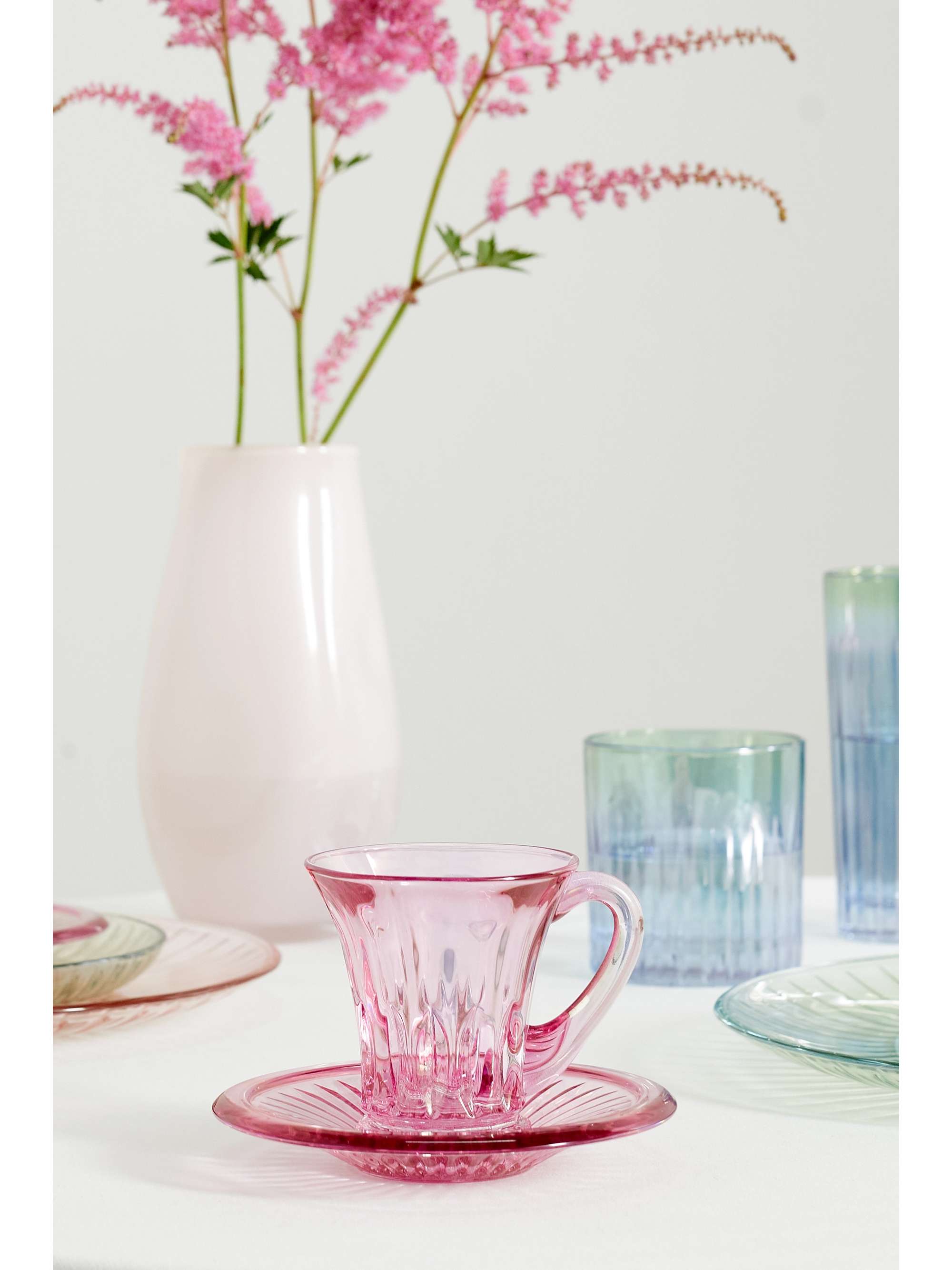 LUISA BECCARIA Set of two iridescent glass tea cups and saucers