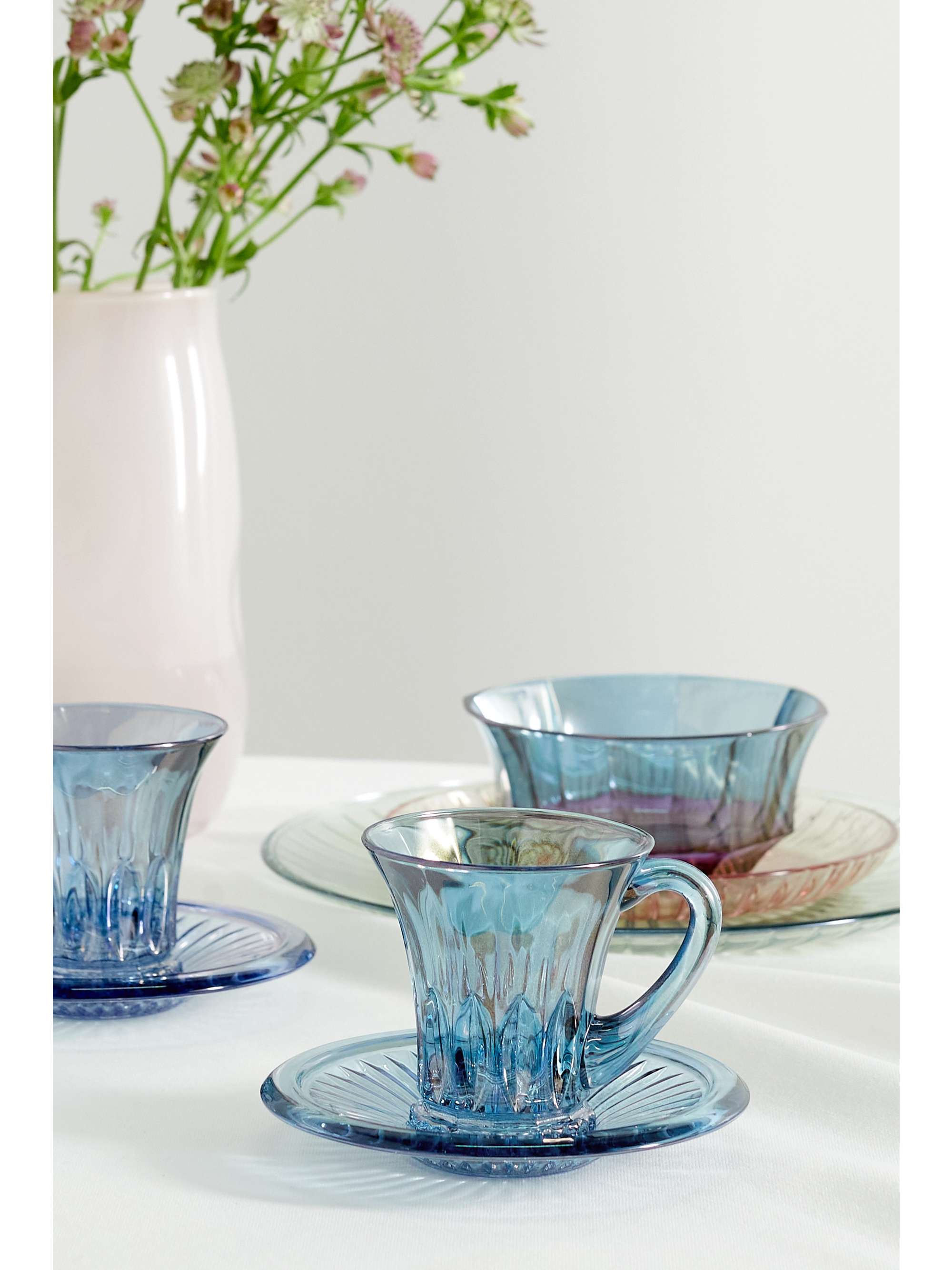 LUISA BECCARIA Set of two iridescent glass tea cups and saucers