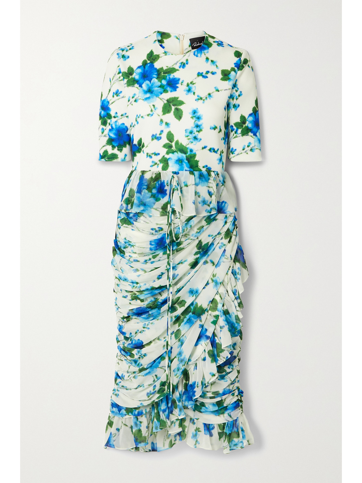 Richard Quinn Ruffled Ruched Floral-print Crepe De Chine And Jersey Dress - Blue