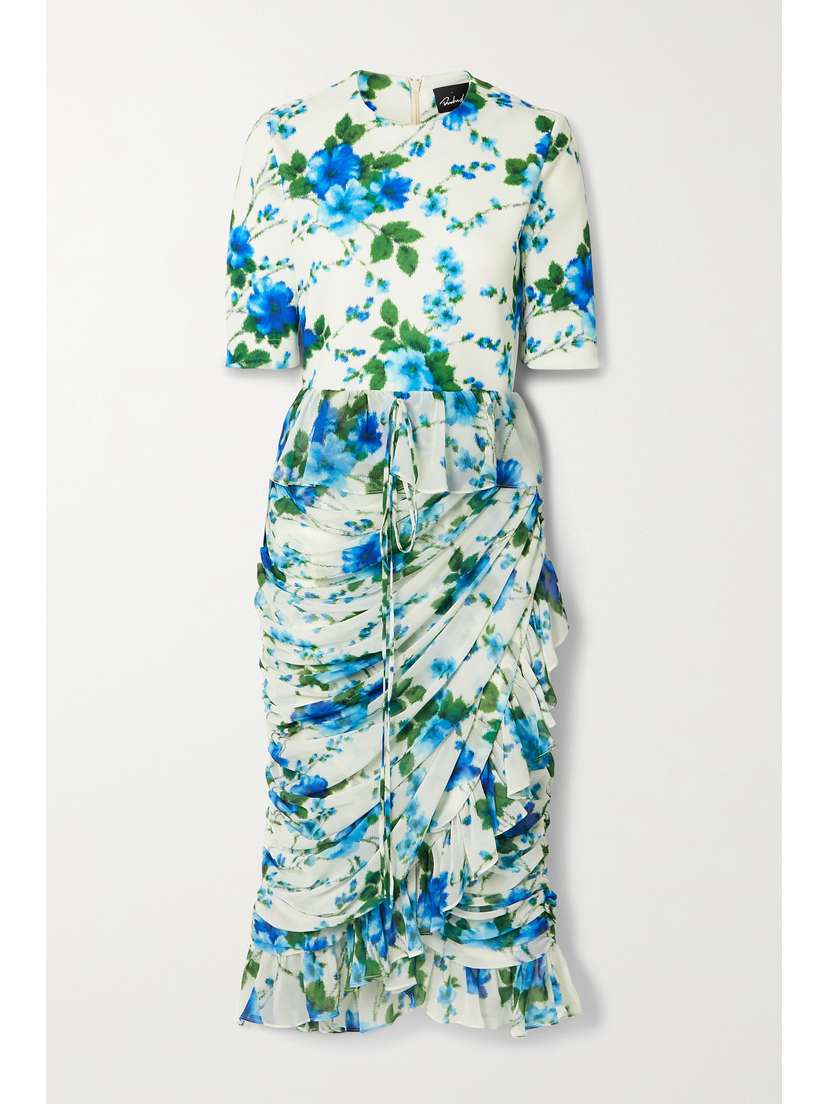 Richard Quinn Ruffled Ruched Floral-print Crepe De Chine And Jersey Dress - UK 14