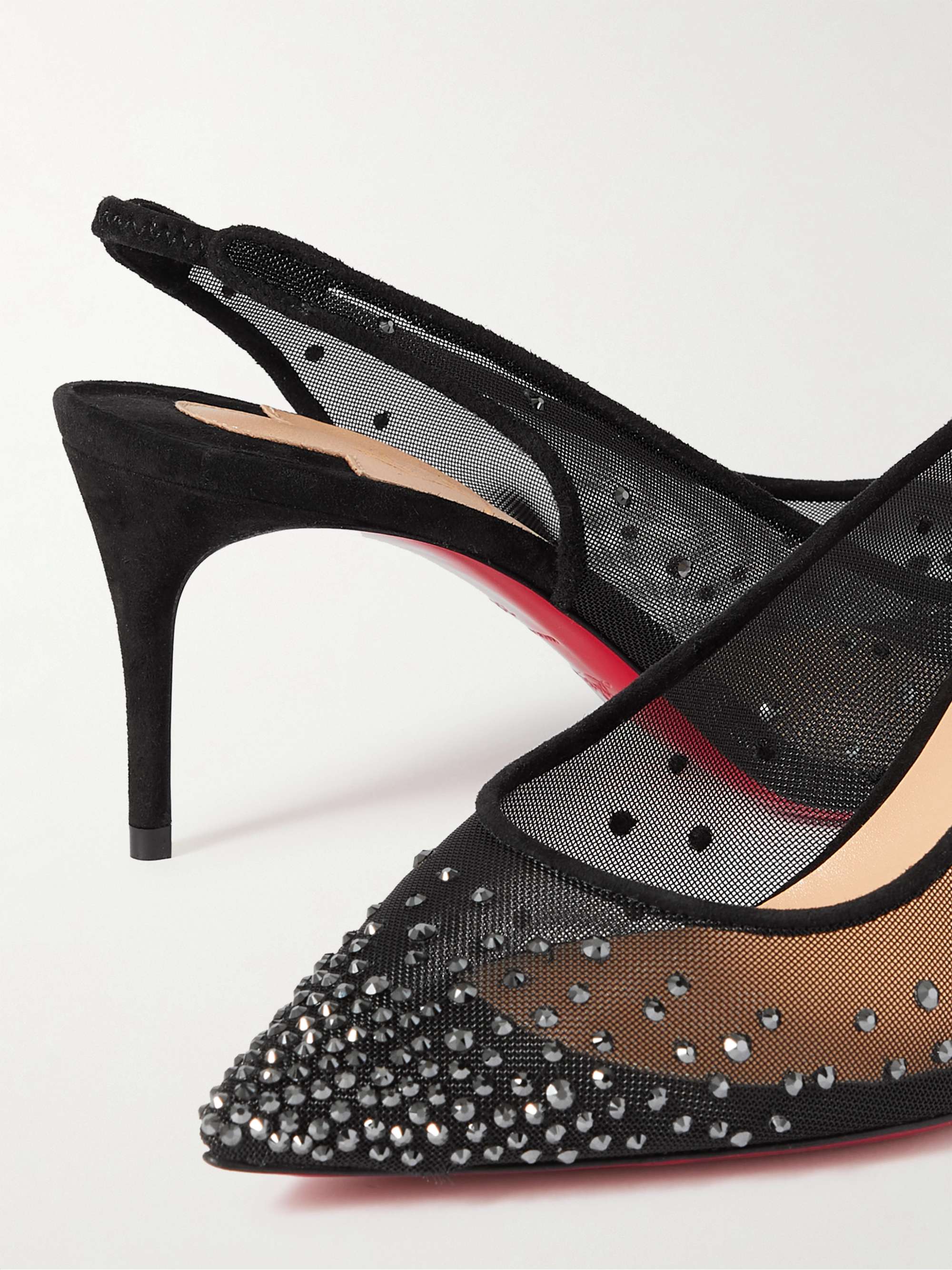 CHRISTIAN LOUBOUTIN Follies 70 suede-trimmed crystal-embellished mesh slingback pumps