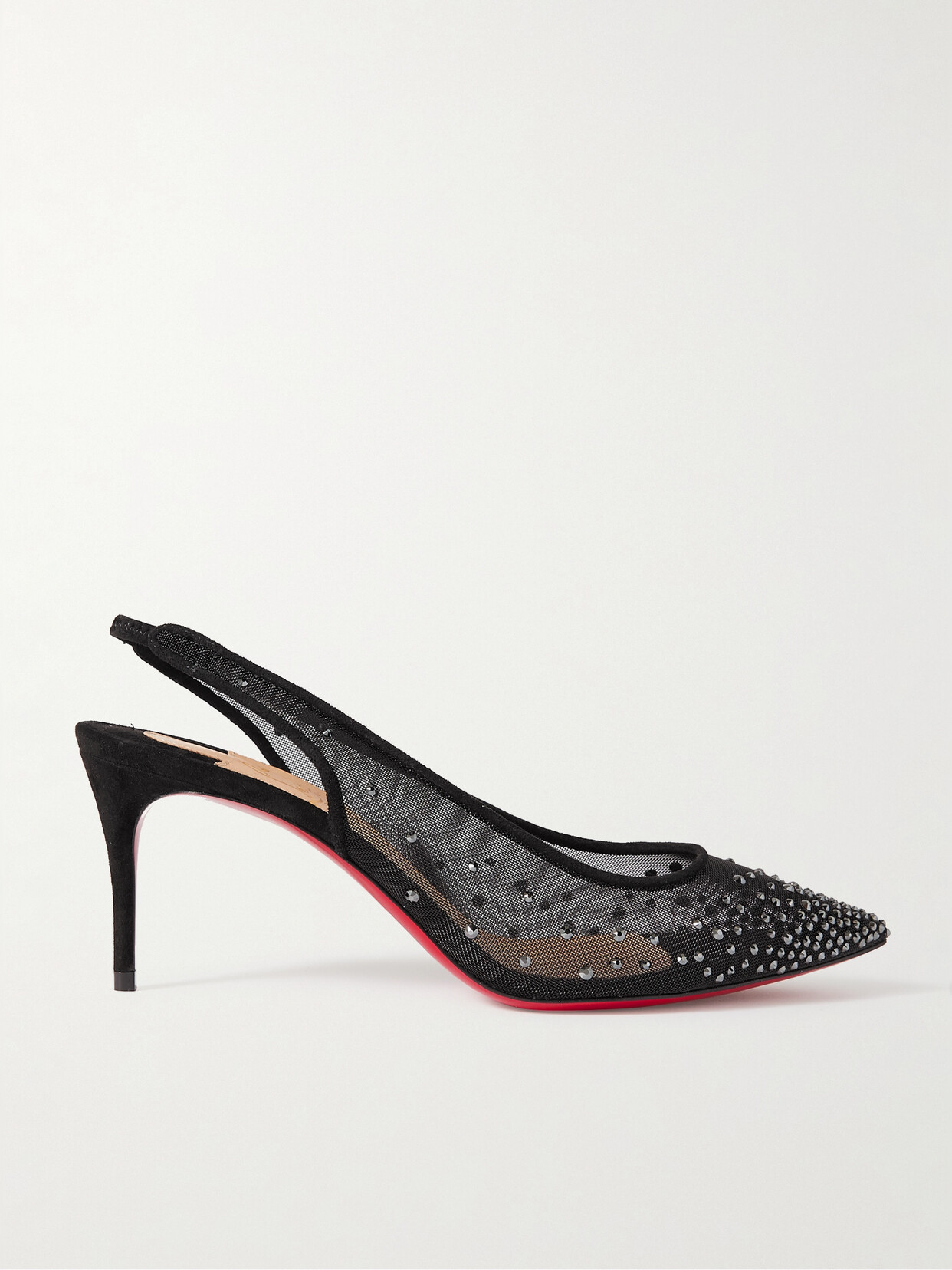 Christian Louboutin Follies 70 Suede-trimmed Crystal-embellished Mesh Slingback Pumps In Black