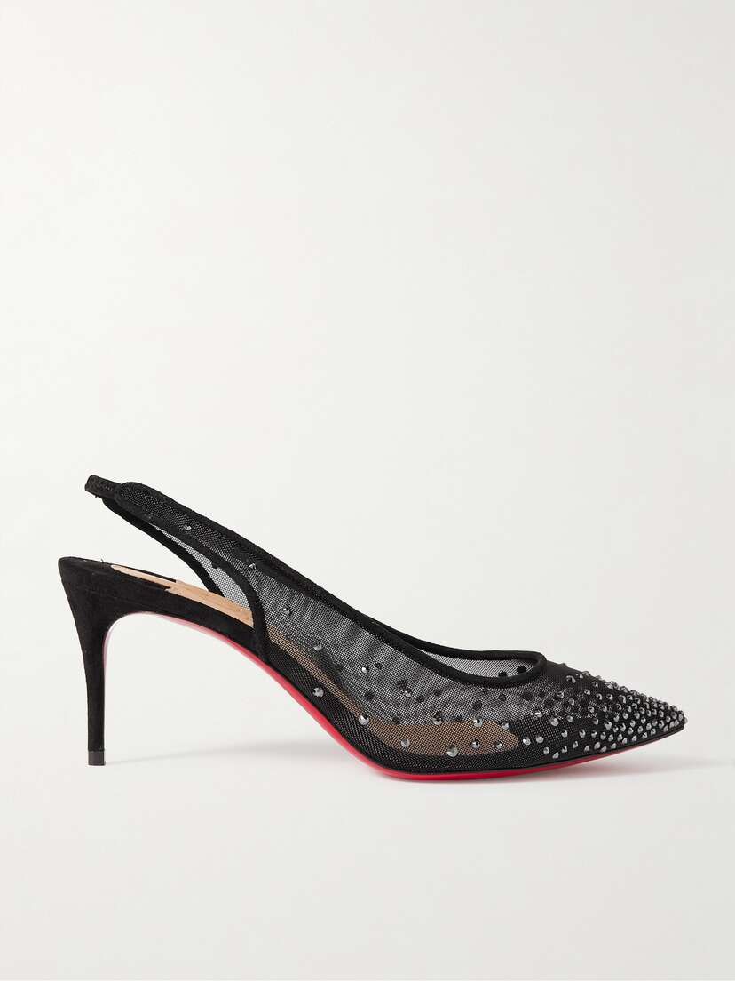 Christian Louboutin Follies 70 Suede-trimmed Crystal-embellished Mesh Slingback Pumps