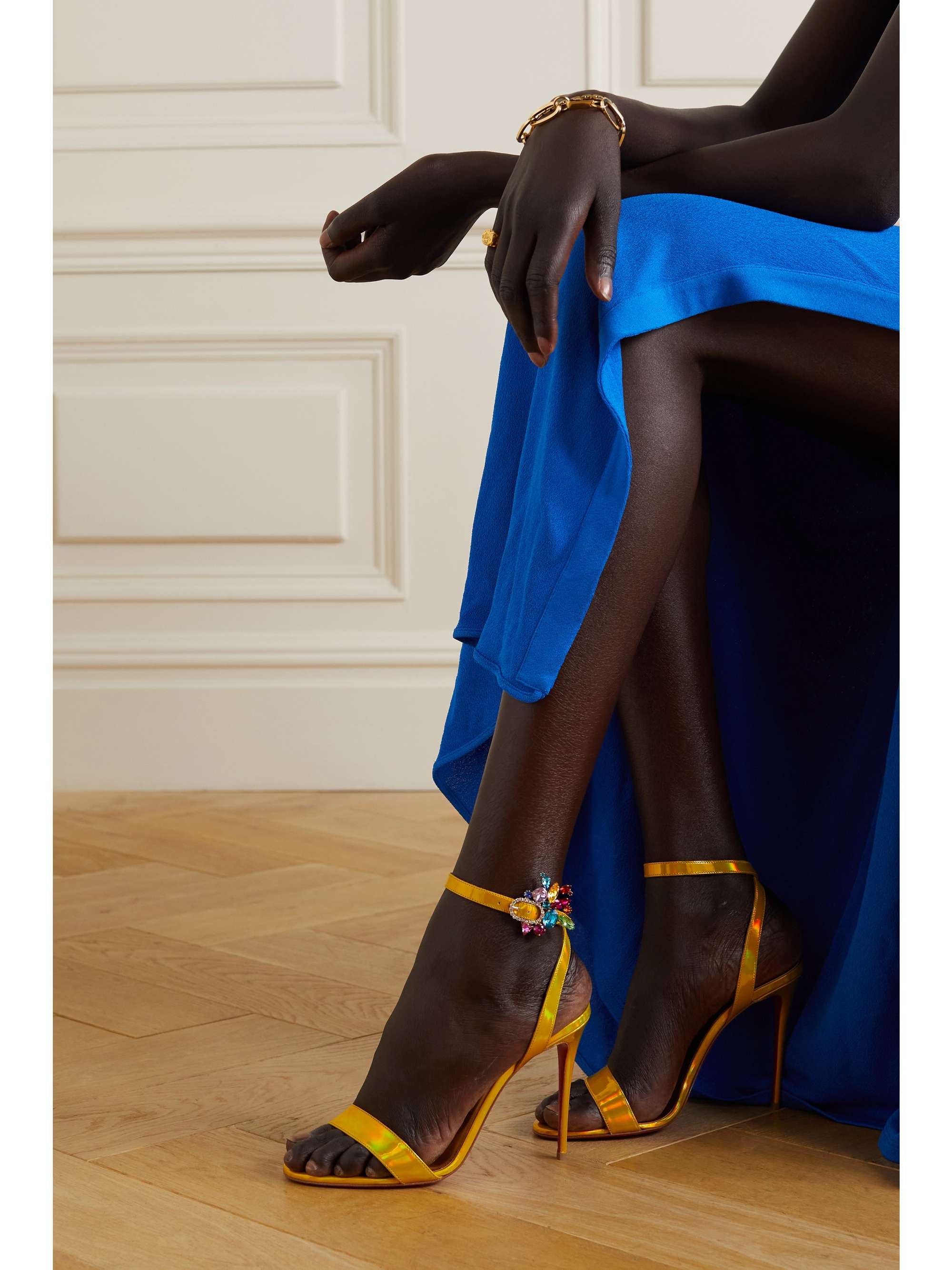 Yellow Goldie Joli 100 crystalembellished metallic patentleather