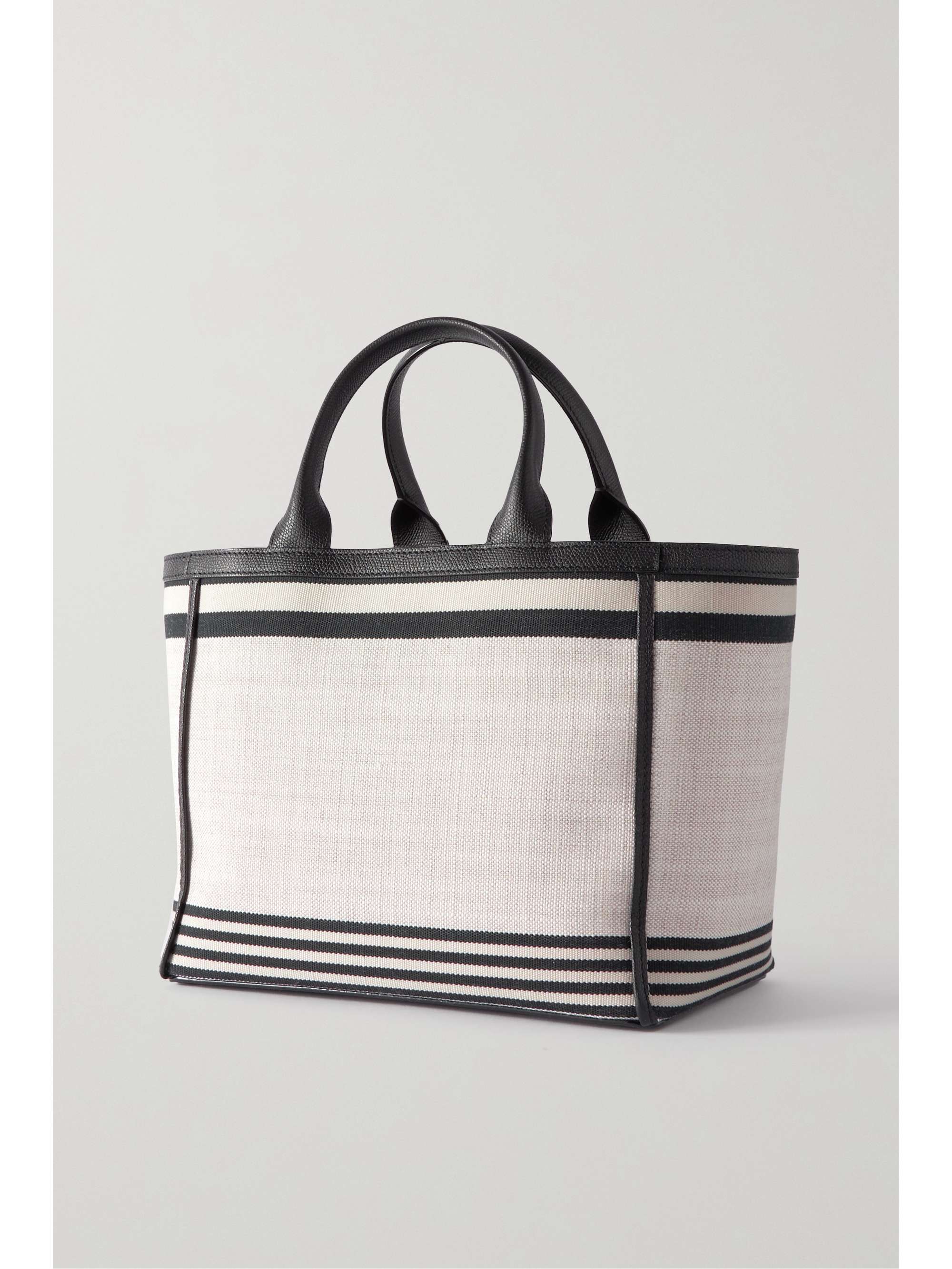 VALEXTRA Shopping mini textured leather-trimmed striped canvas tote