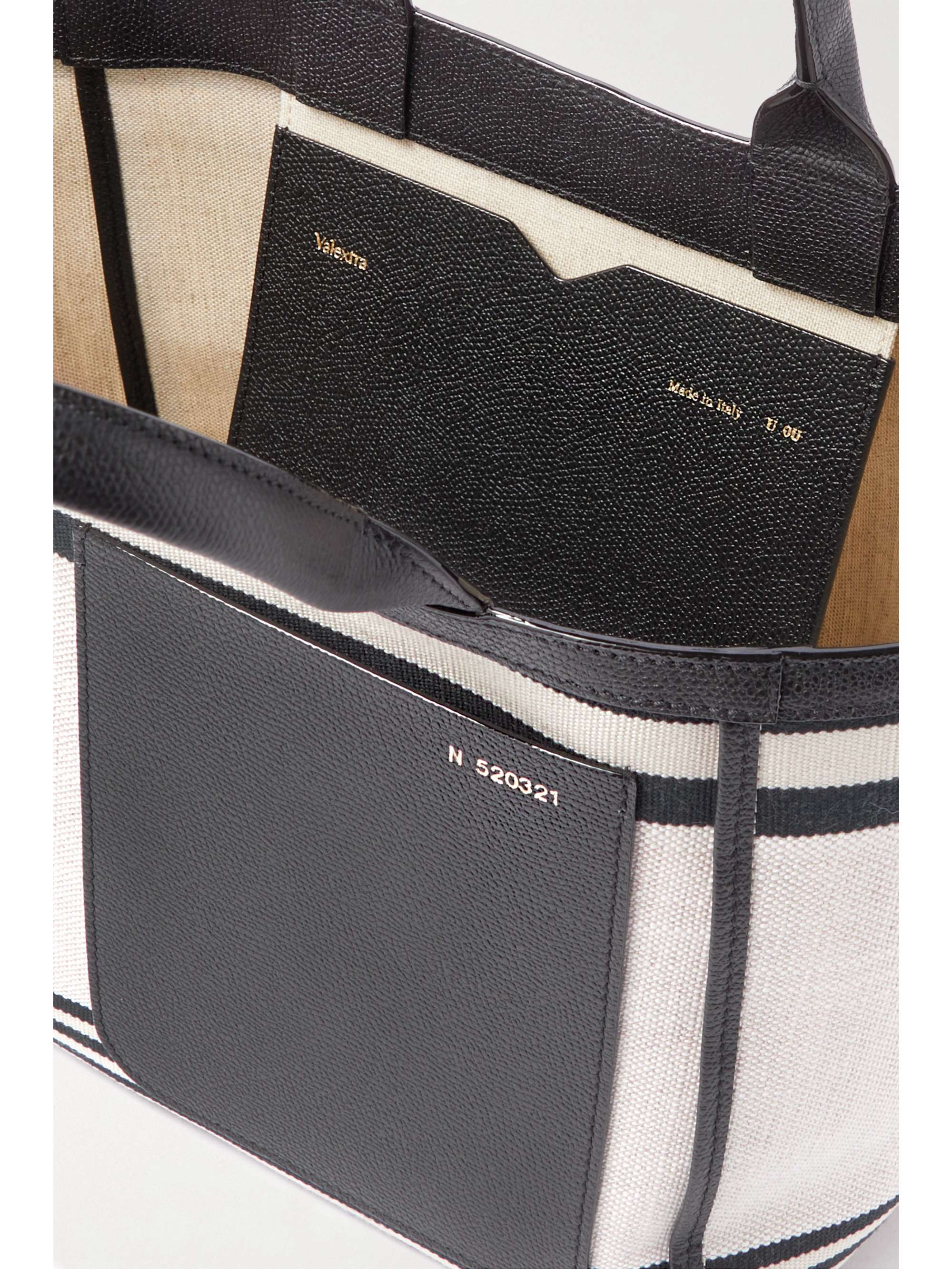 VALEXTRA Shopping mini textured leather-trimmed striped canvas tote