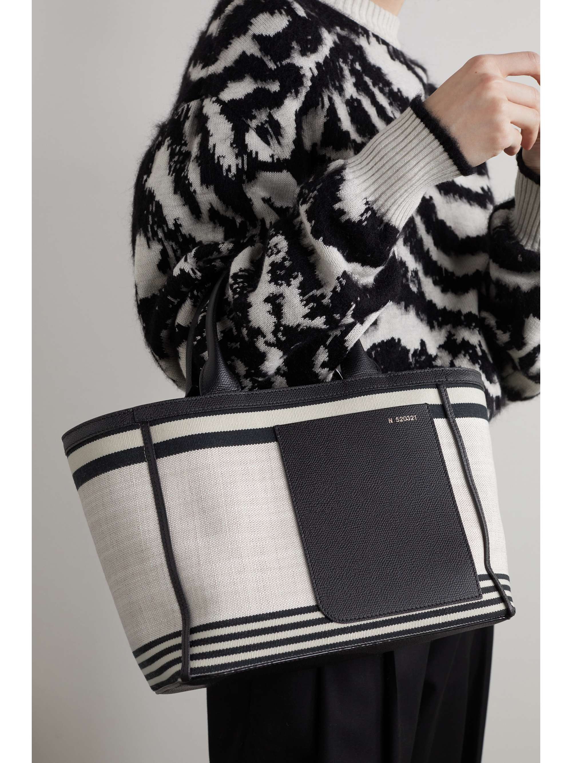 VALEXTRA Shopping mini textured leather-trimmed striped canvas tote