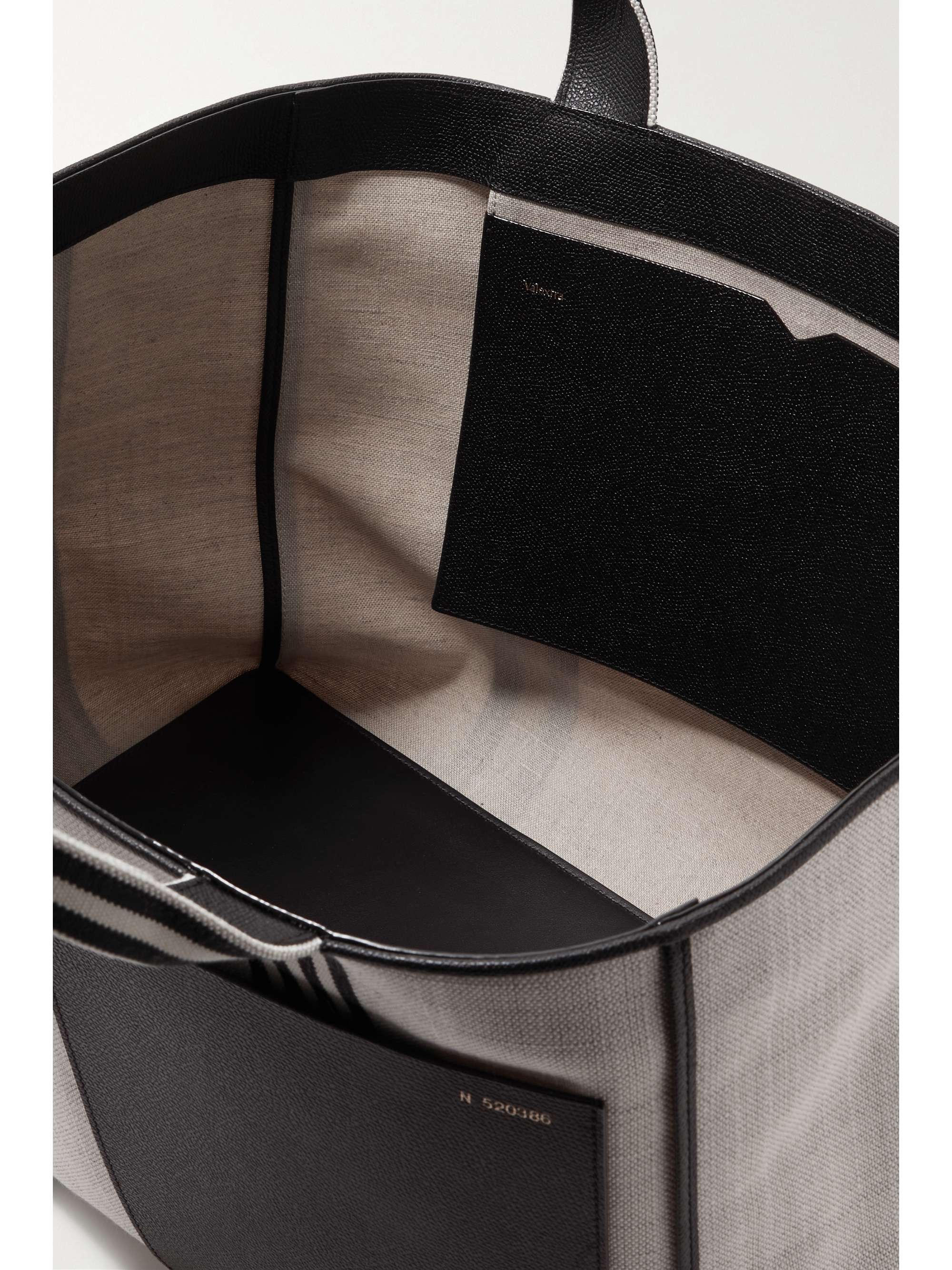 VALEXTRA Shopping textured leather-trimmed striped canvas tote