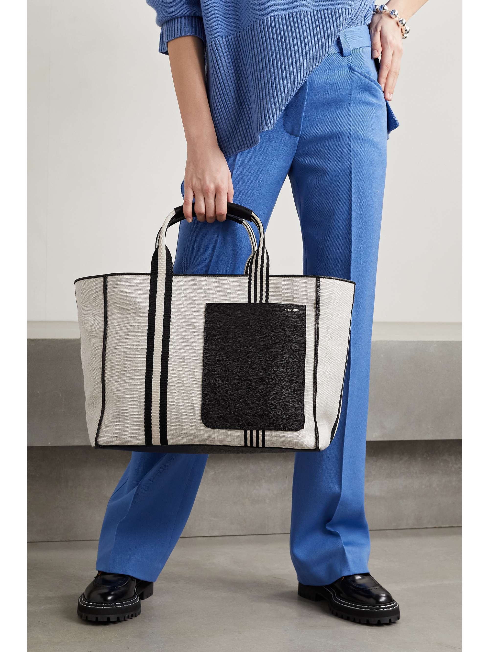 VALEXTRA Shopping textured leather-trimmed striped canvas tote