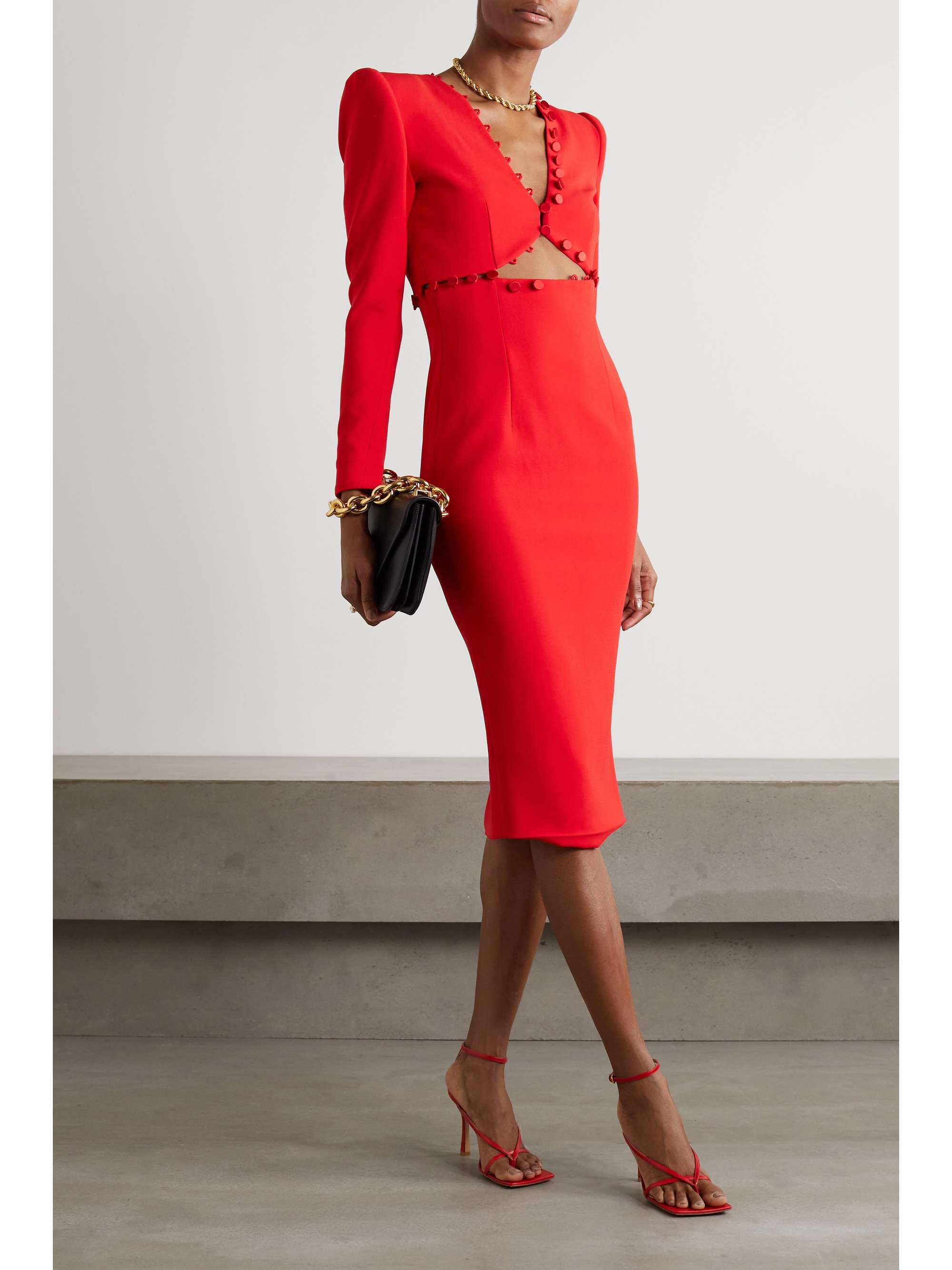 Red Issa cutout button-embellished wool-cady midi dress | SERGIO HUDSON ...