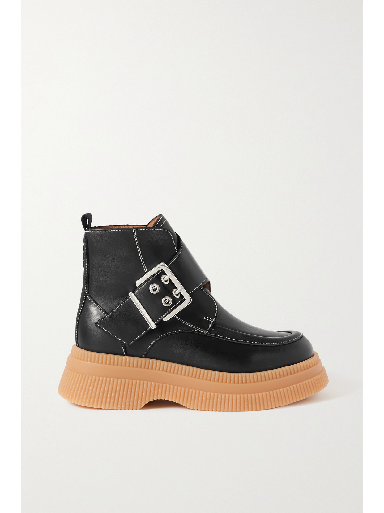 Ganni Buckled Leather Platform Ankle Boots In Black