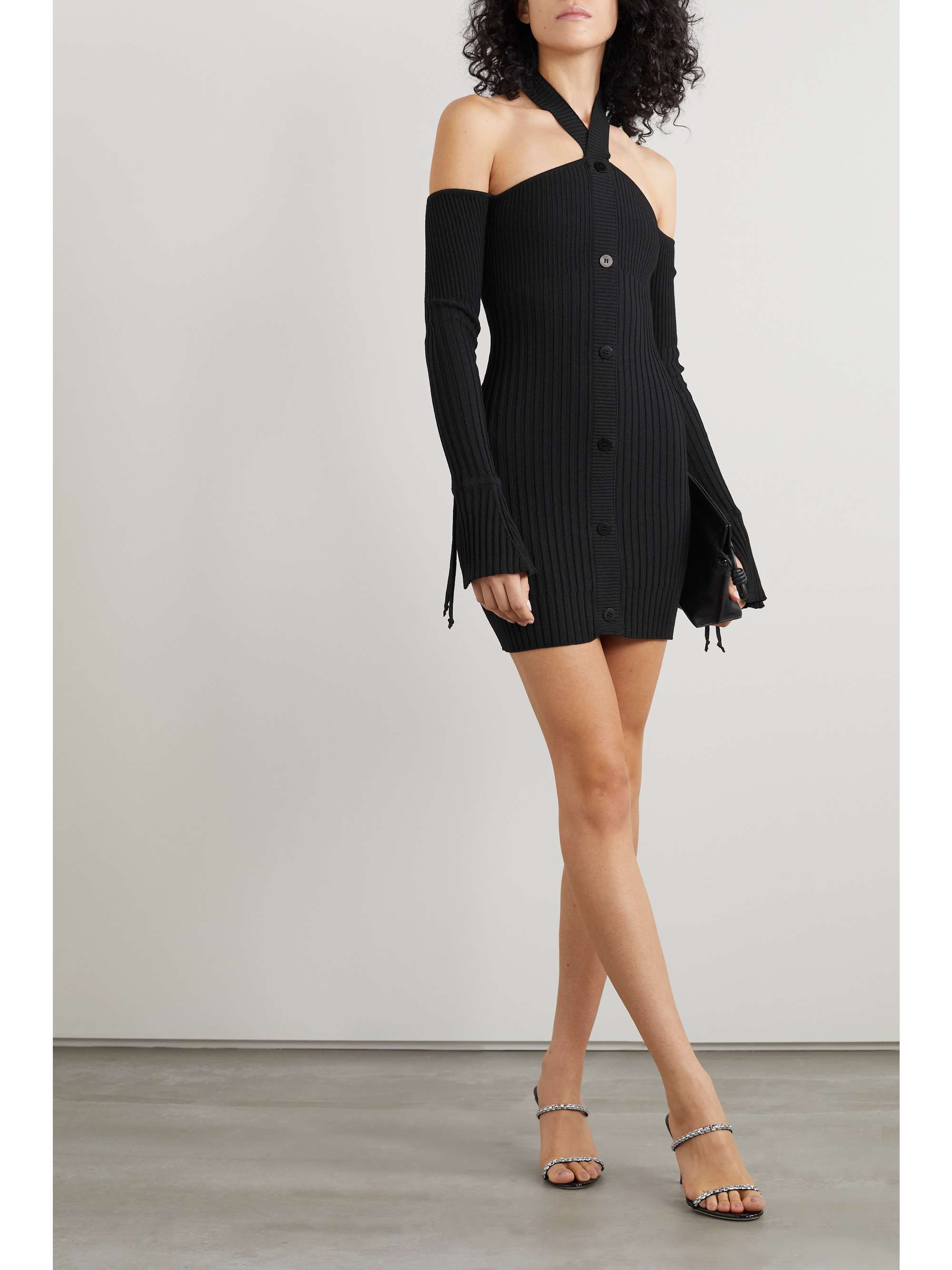 Black Cutout ribbed-knit mini dress ...