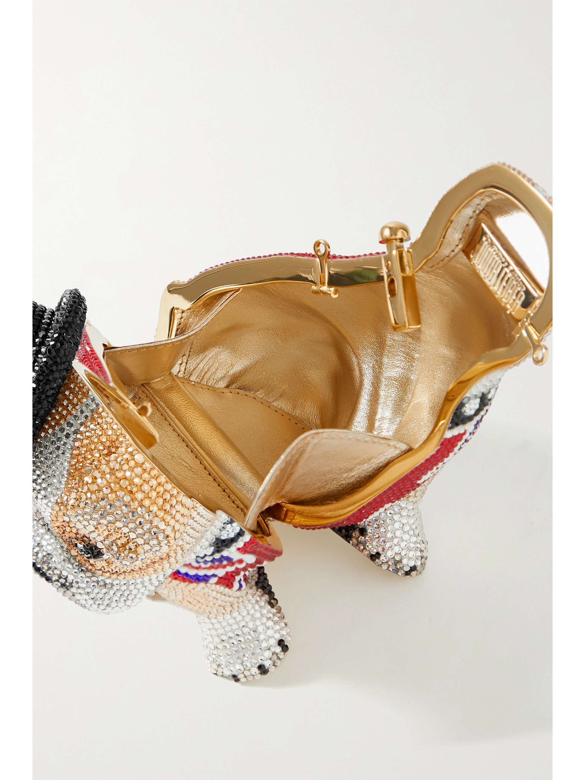 JUDITH LEIBER COUTURE Pochette en métal argenté à cristaux Bulldog Winston