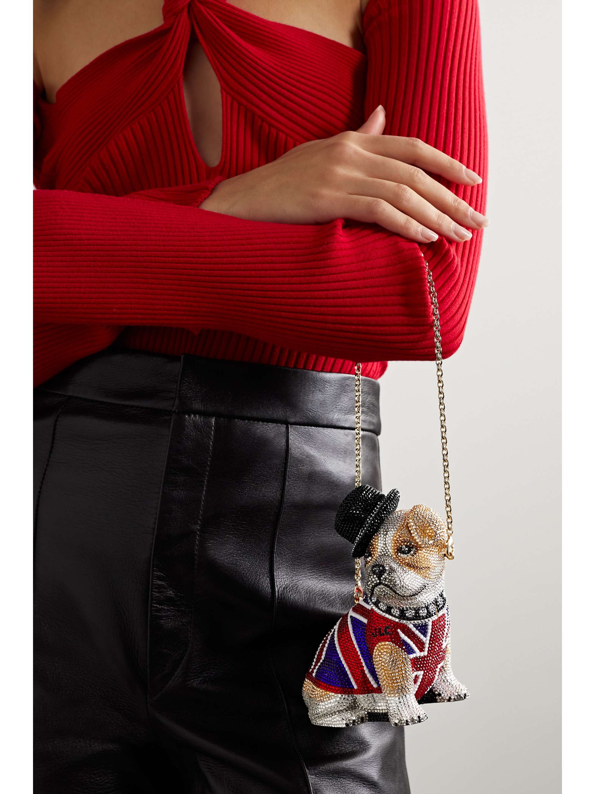 JUDITH LEIBER COUTURE Pochette en métal argenté à cristaux Bulldog Winston