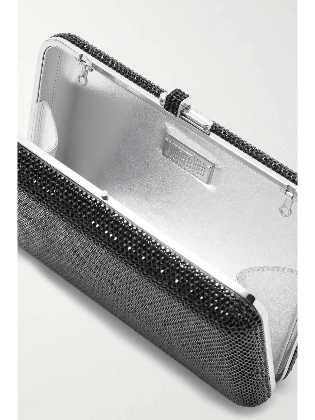 Shop Judith Leiber Slim Slide Crystal-embellished Silver-tone Clutch In Black