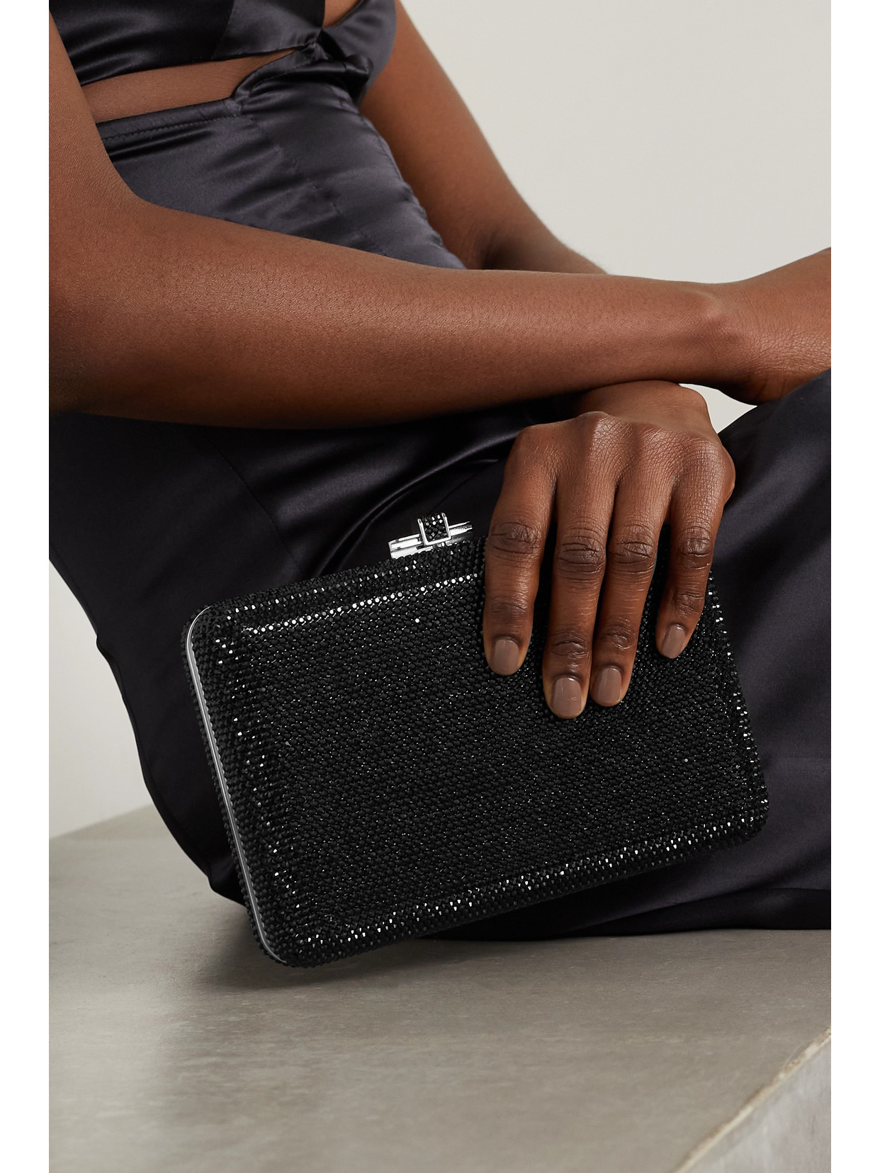 Judith Leiber Slim Slide Crystal-embellished Silver-tone Clutch In Black