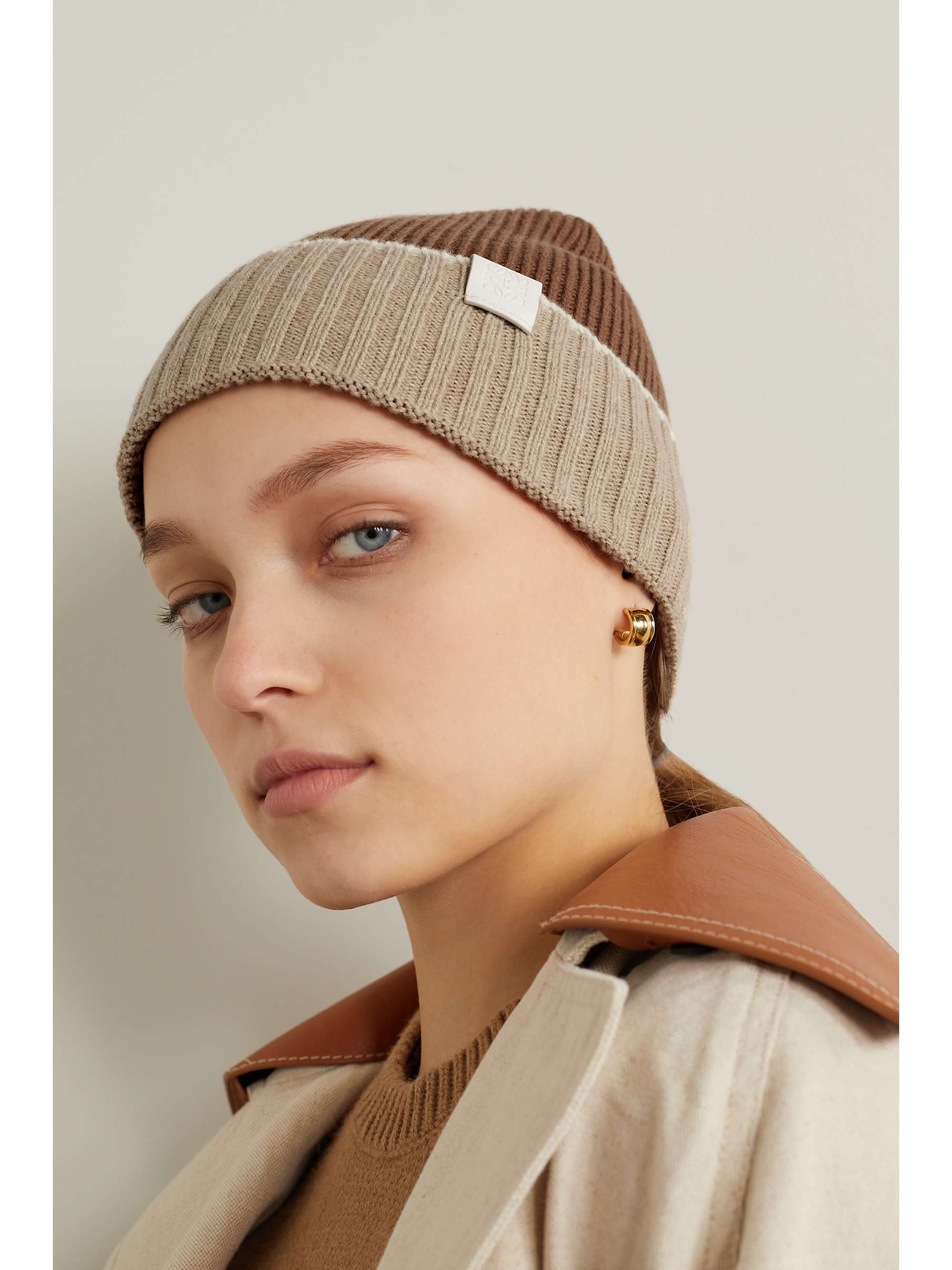Brown Leather-trimmed ribbed wool 