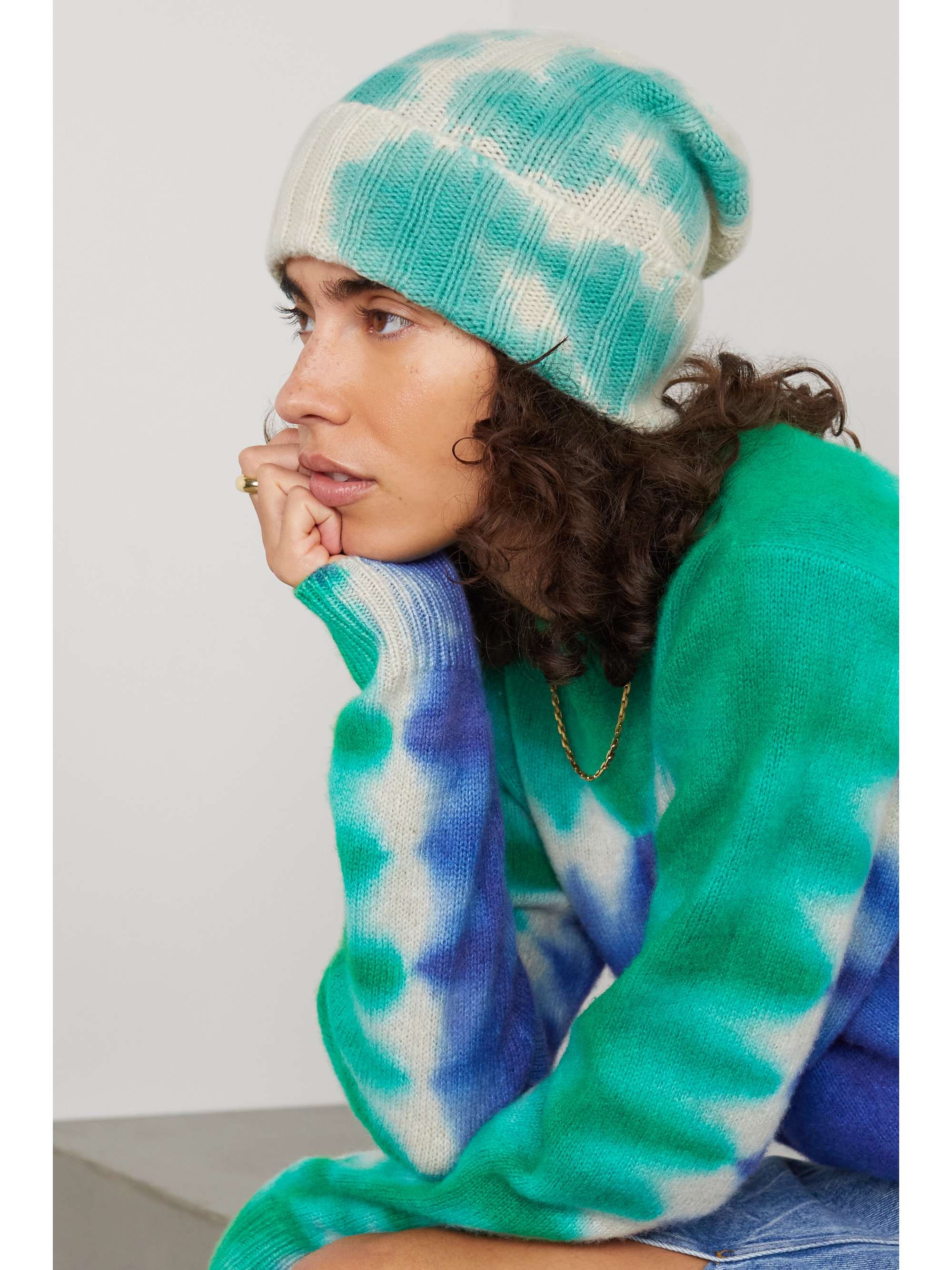 Turquoise Tie-dyed ribbed cashmere 
