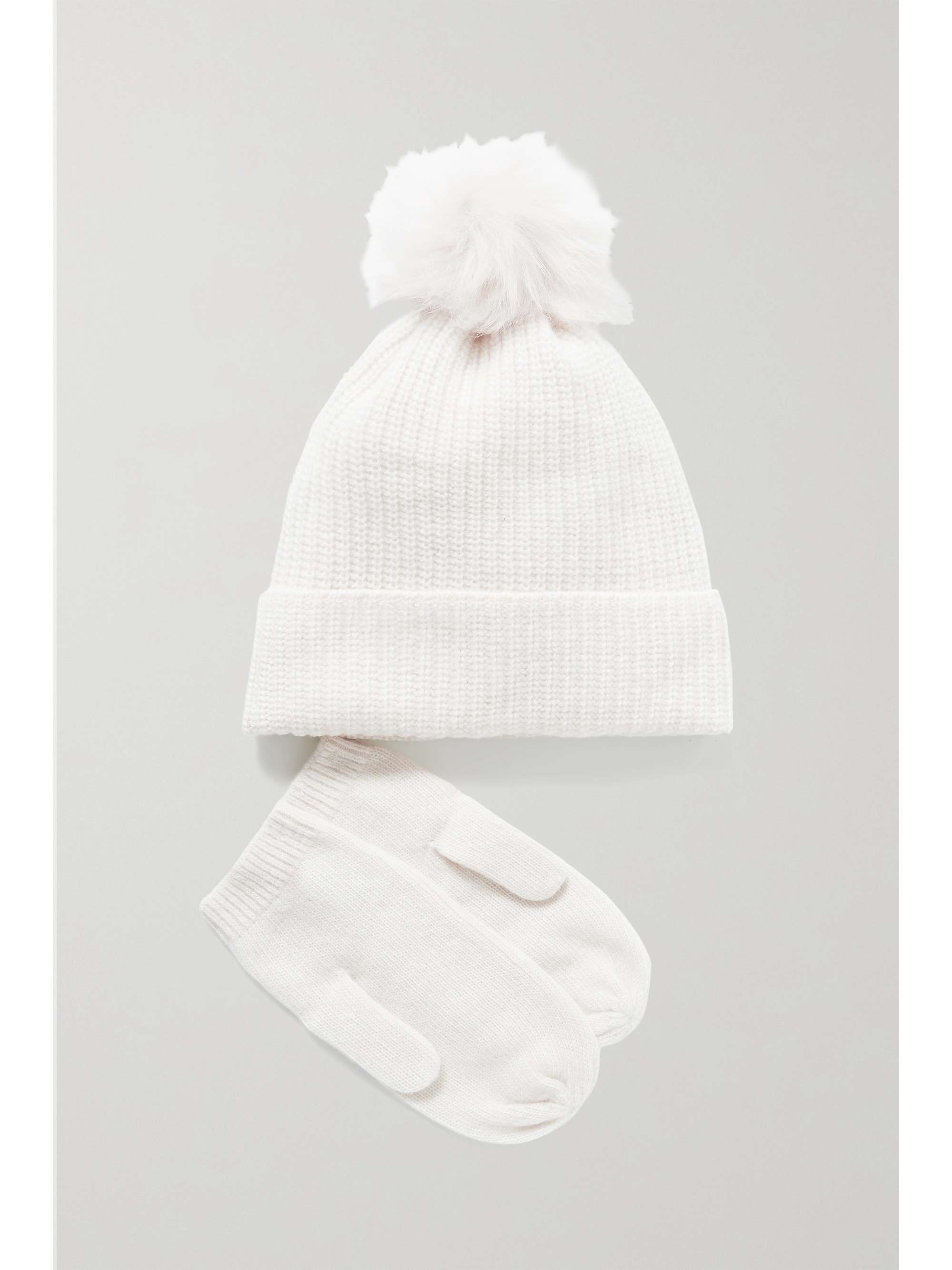 Ivory Faux fur-trimmed ribbed cashmere 