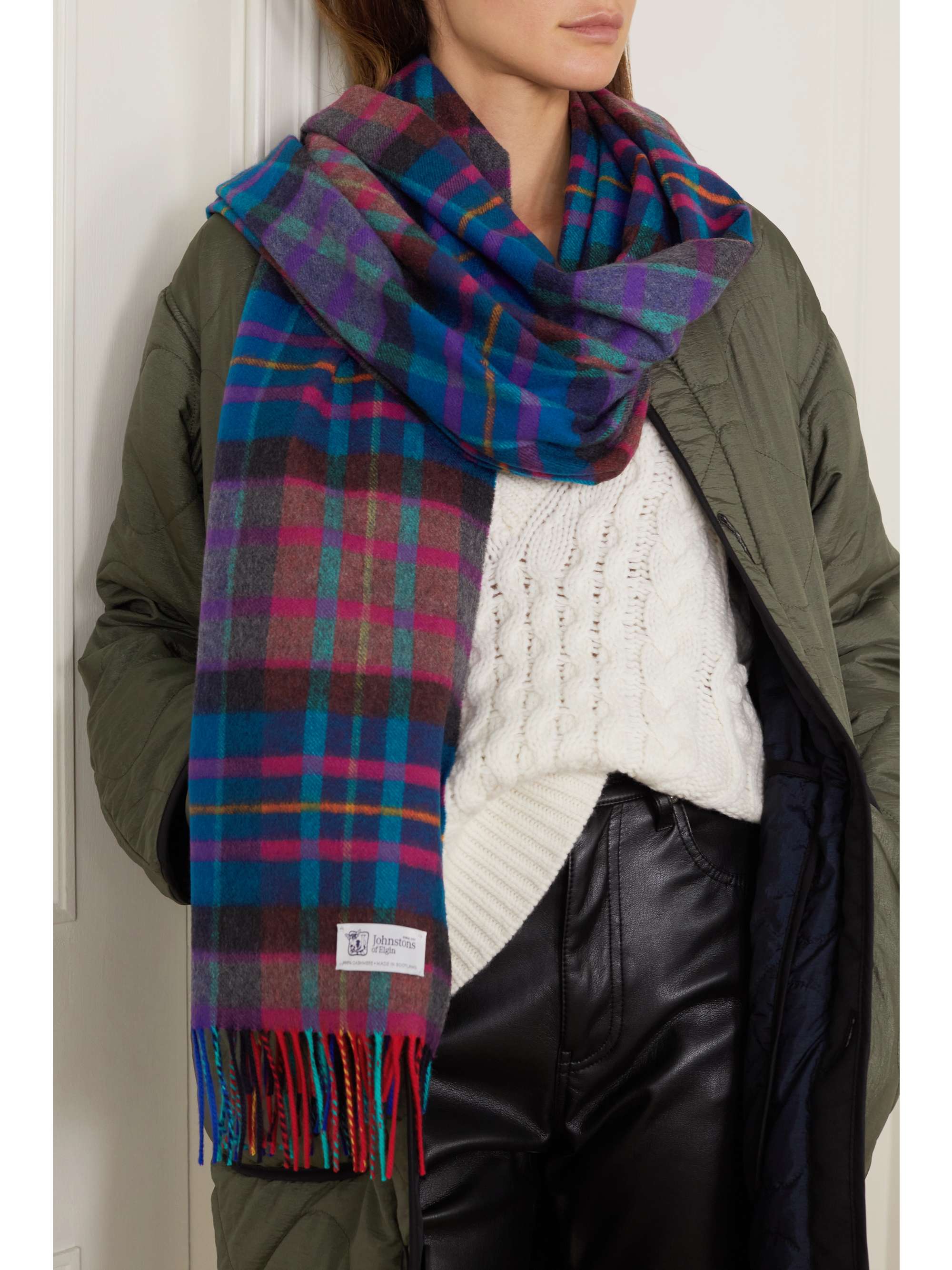 JOHNSTONS OF ELGIN + NET SUSTAIN fringed tartan cashmere scarf