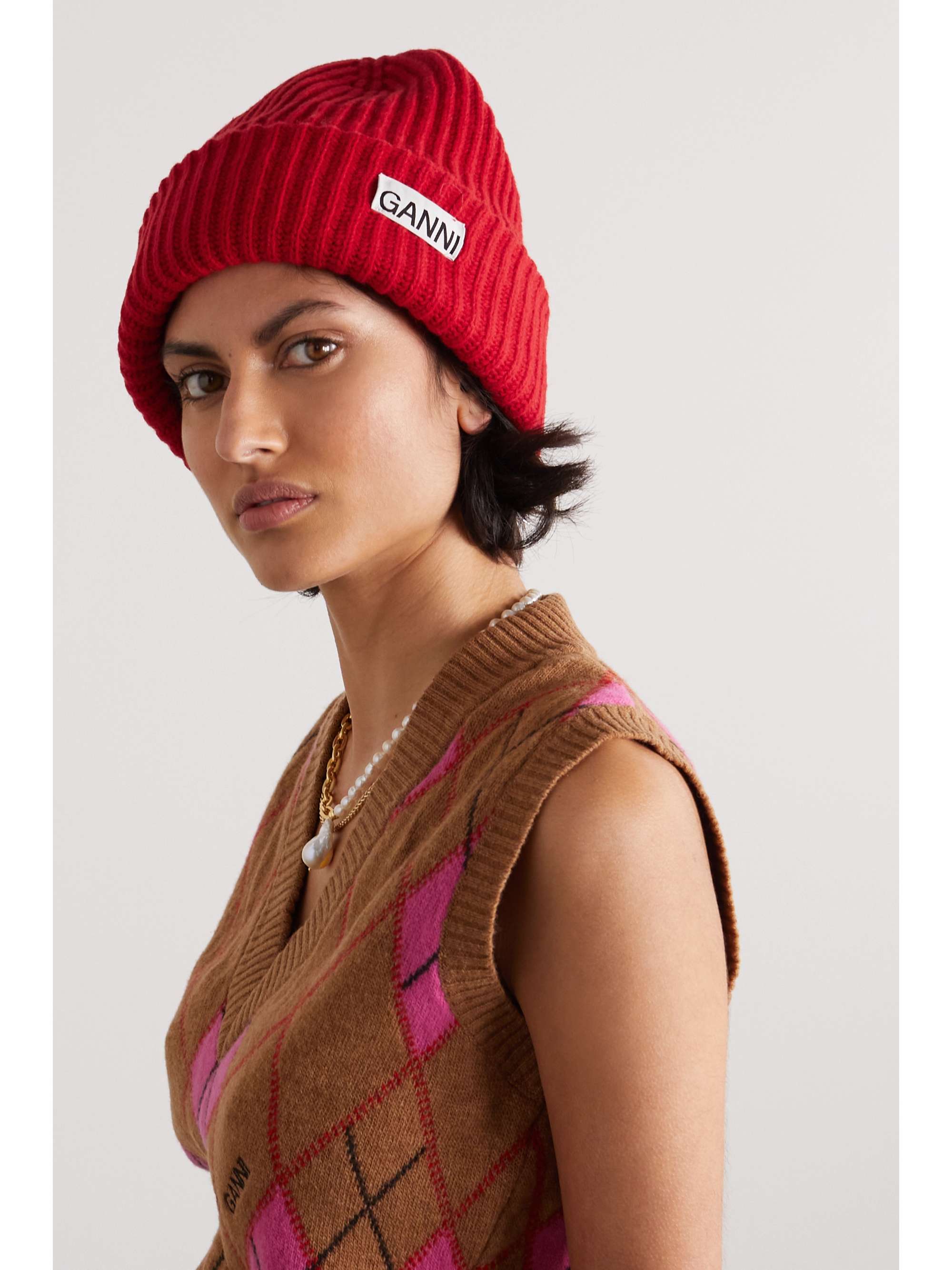 Red Ribbed recycled wool-blend beanie 