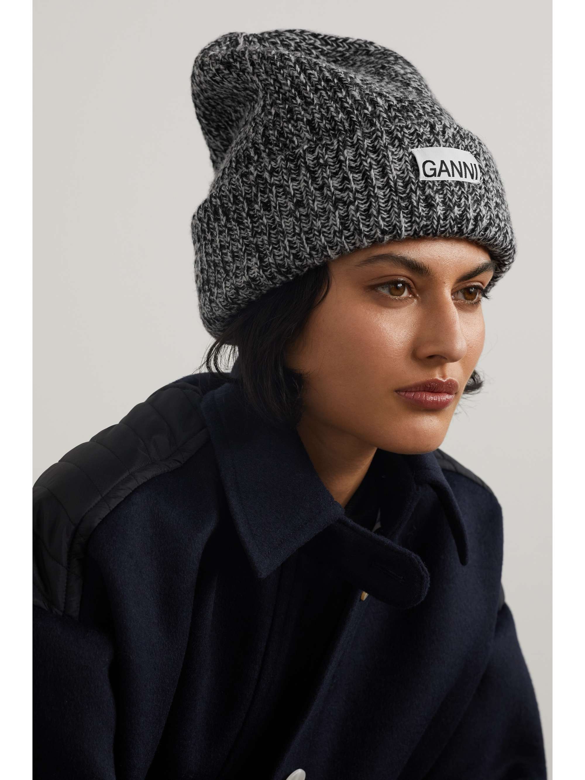 Gray Ribbed recycled wool-blend beanie 