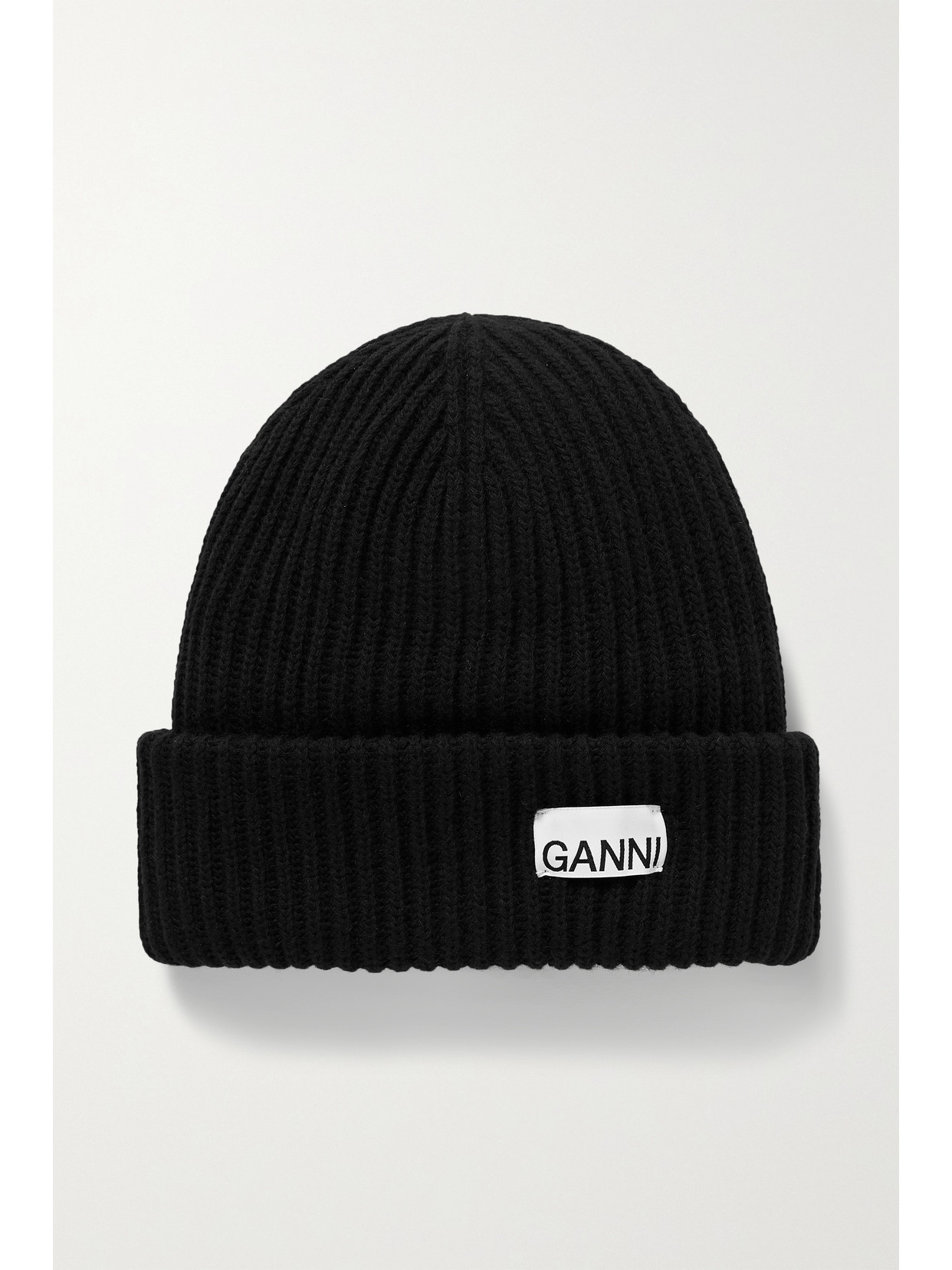 Ganni Black Recycled Rib Knit Beanie