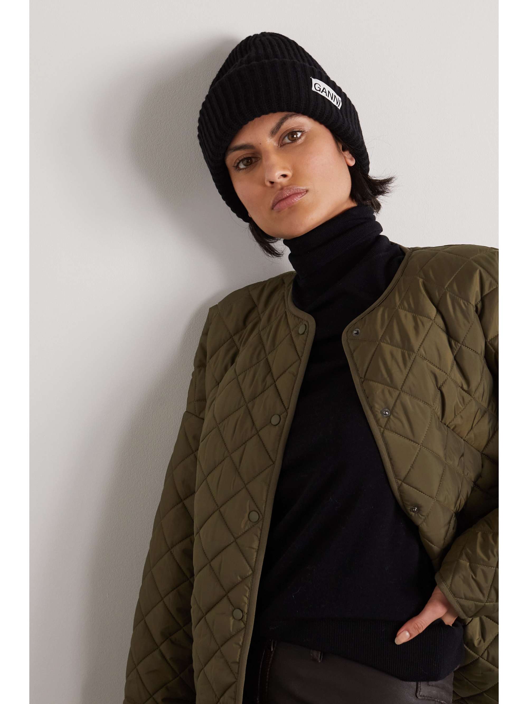 GANNI Ribbed recycled wool-blend beanie