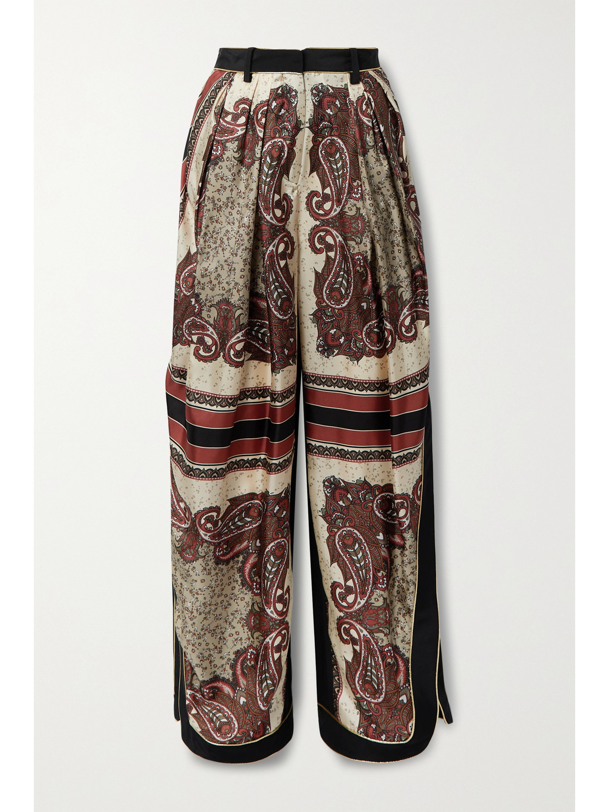 Rosie Assoulin Piped Pleated Printed Silk-twill Tapered Pants In Black