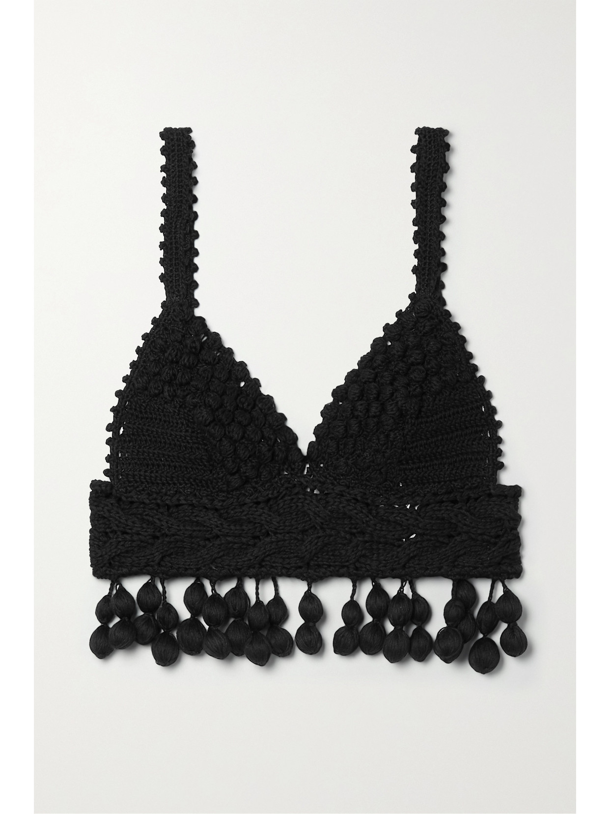Shop Rosie Assoulin Carmen Miranda Cropped Pompom-embellished Crocheted Cotton-blend Top In Black