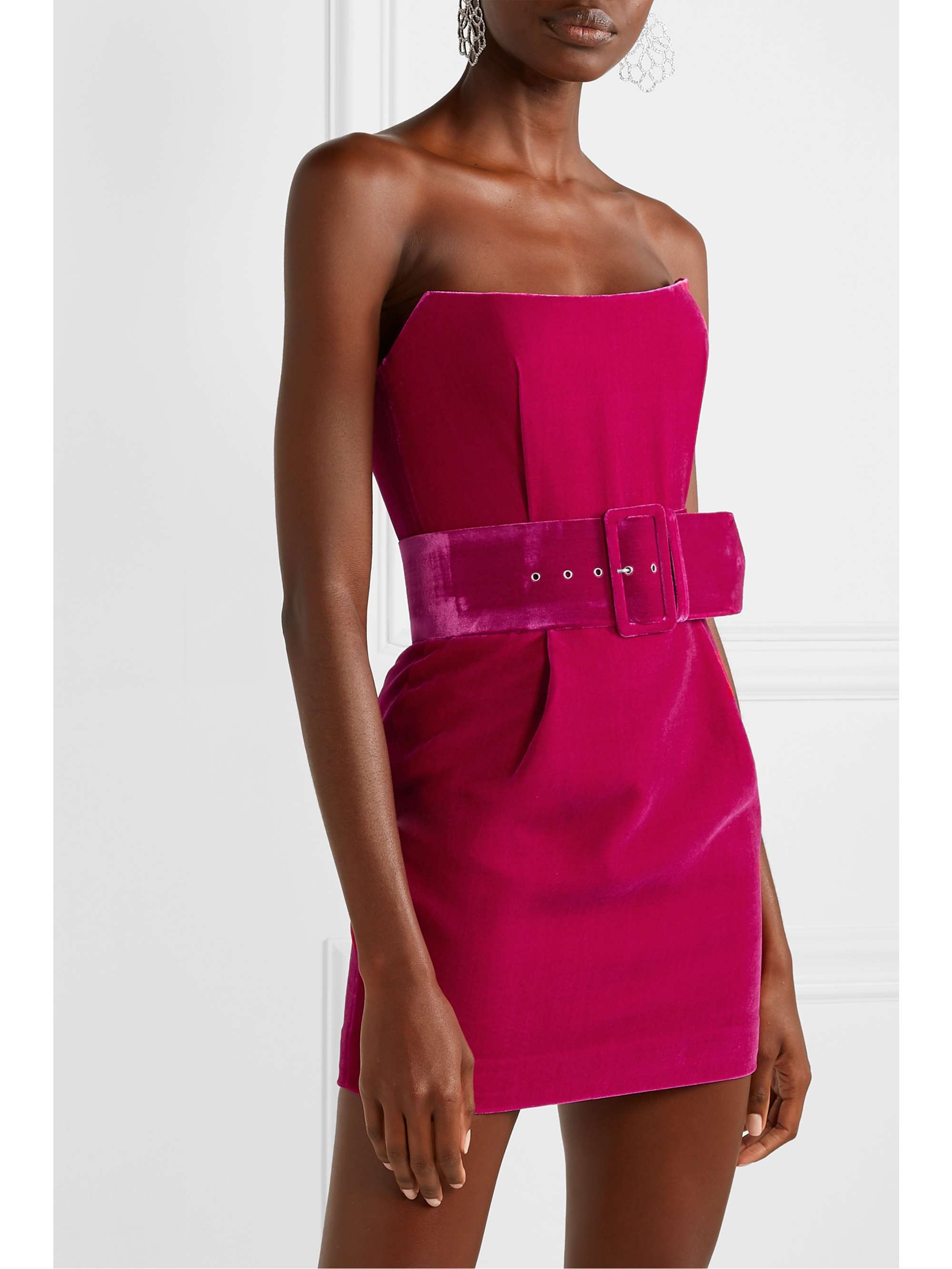 RASARIO Strapless belted velvet mini dress