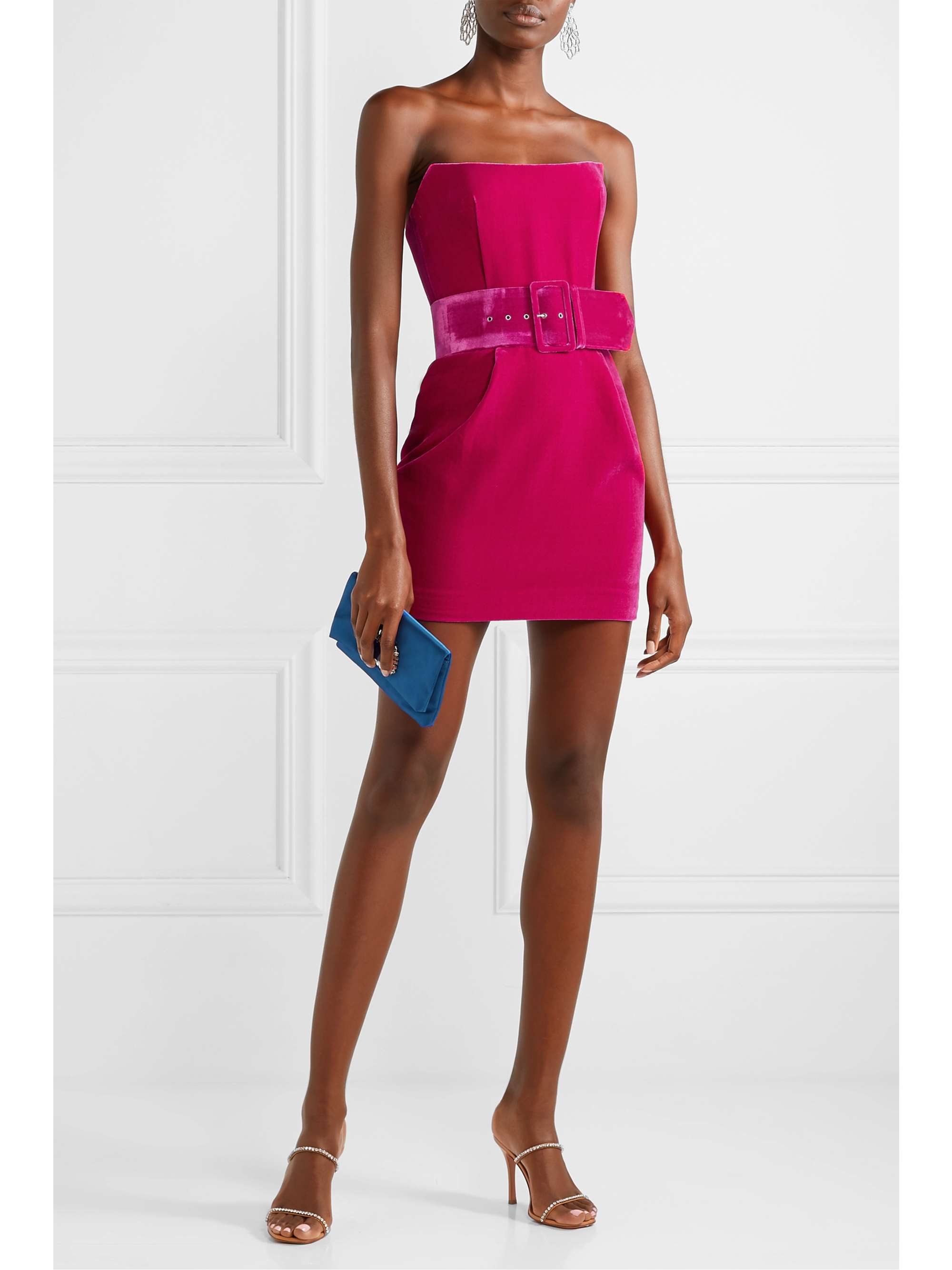 RASARIO Strapless belted velvet mini dress