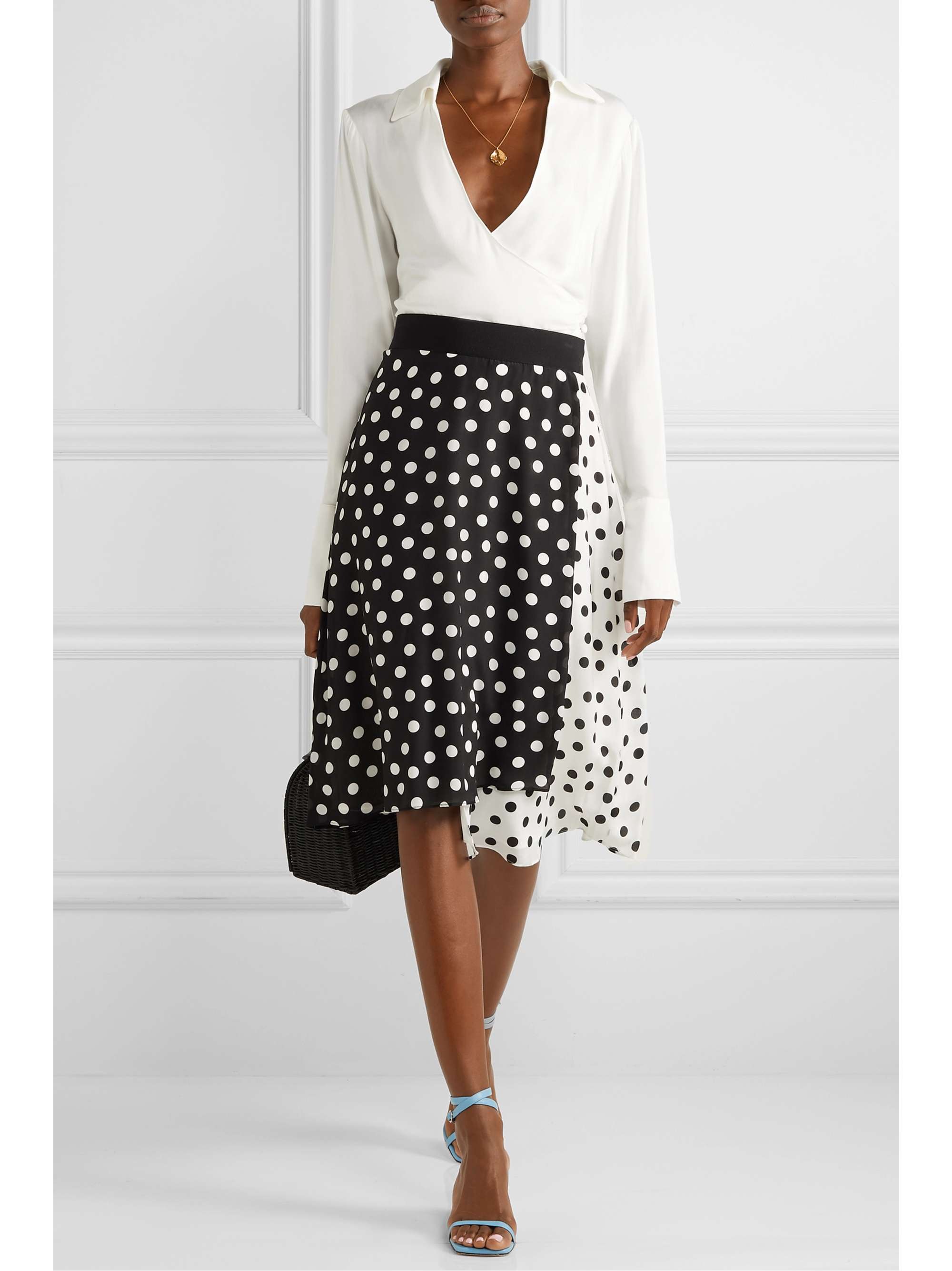 ALICE + OLIVIA Nanette wrap-effect polka-dot silk crepe de chine midi skirt
