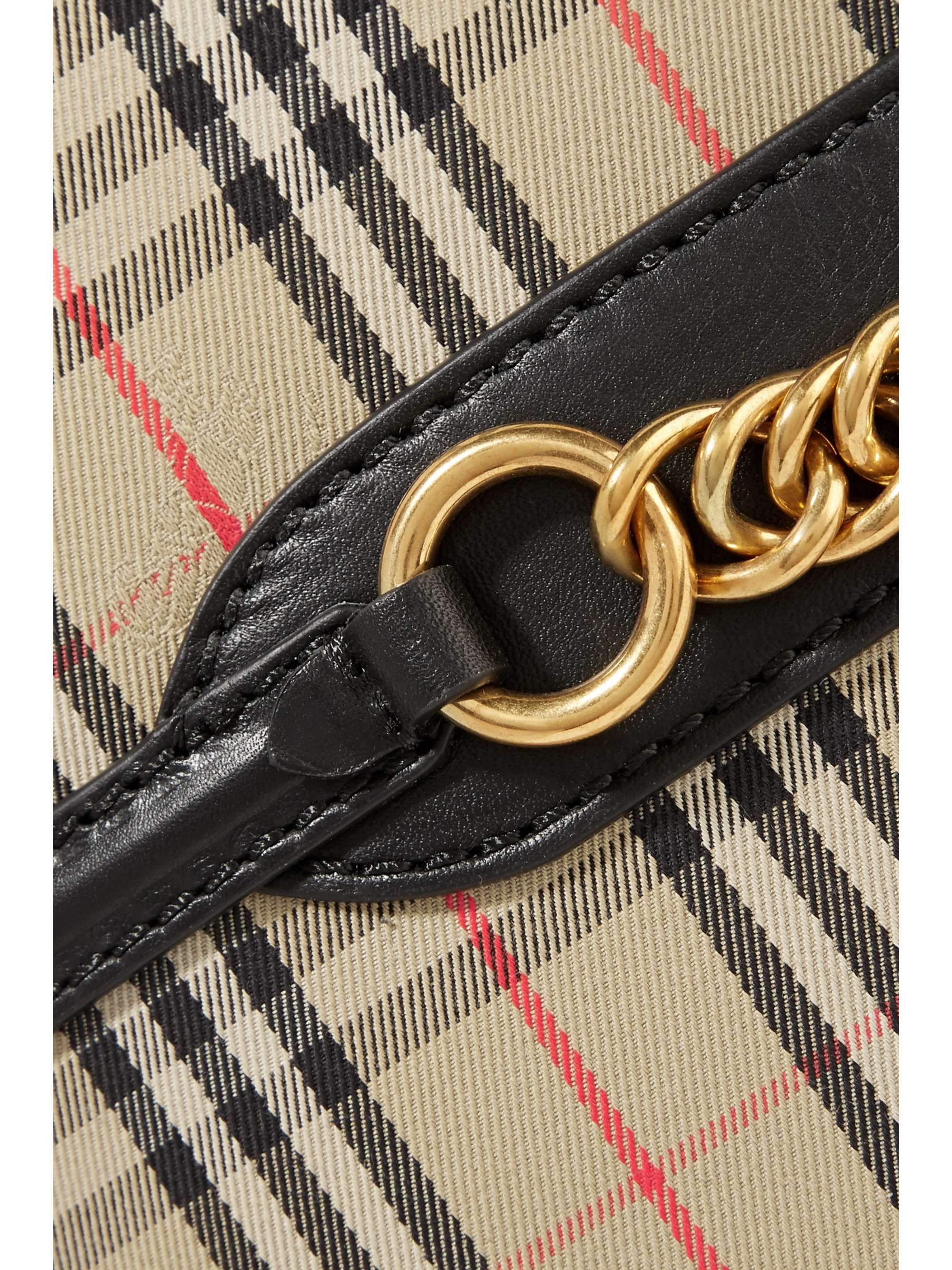 BURBERRY Embellished leather and checked cotton-drill backpack