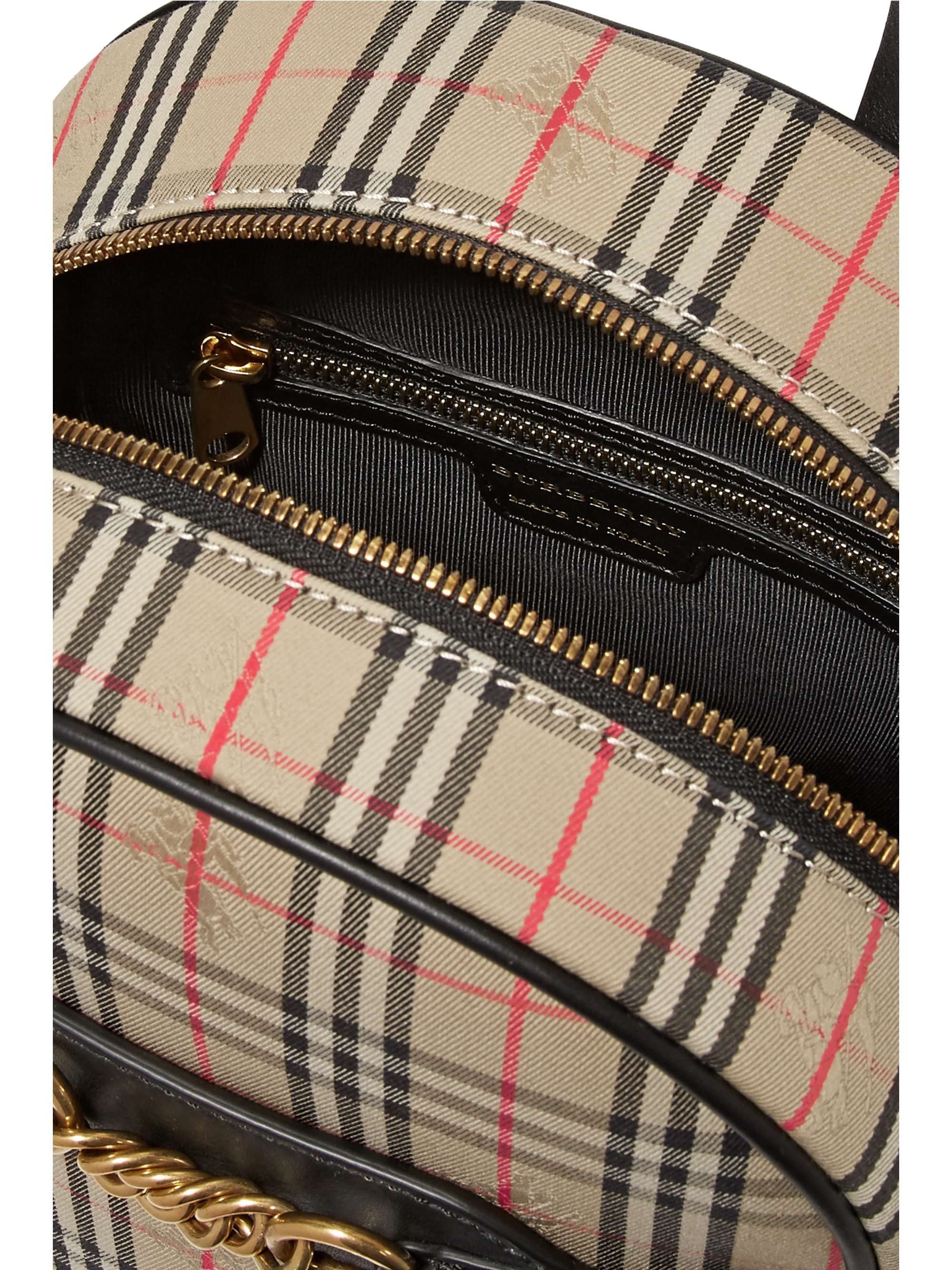 BURBERRY Embellished leather and checked cotton-drill backpack