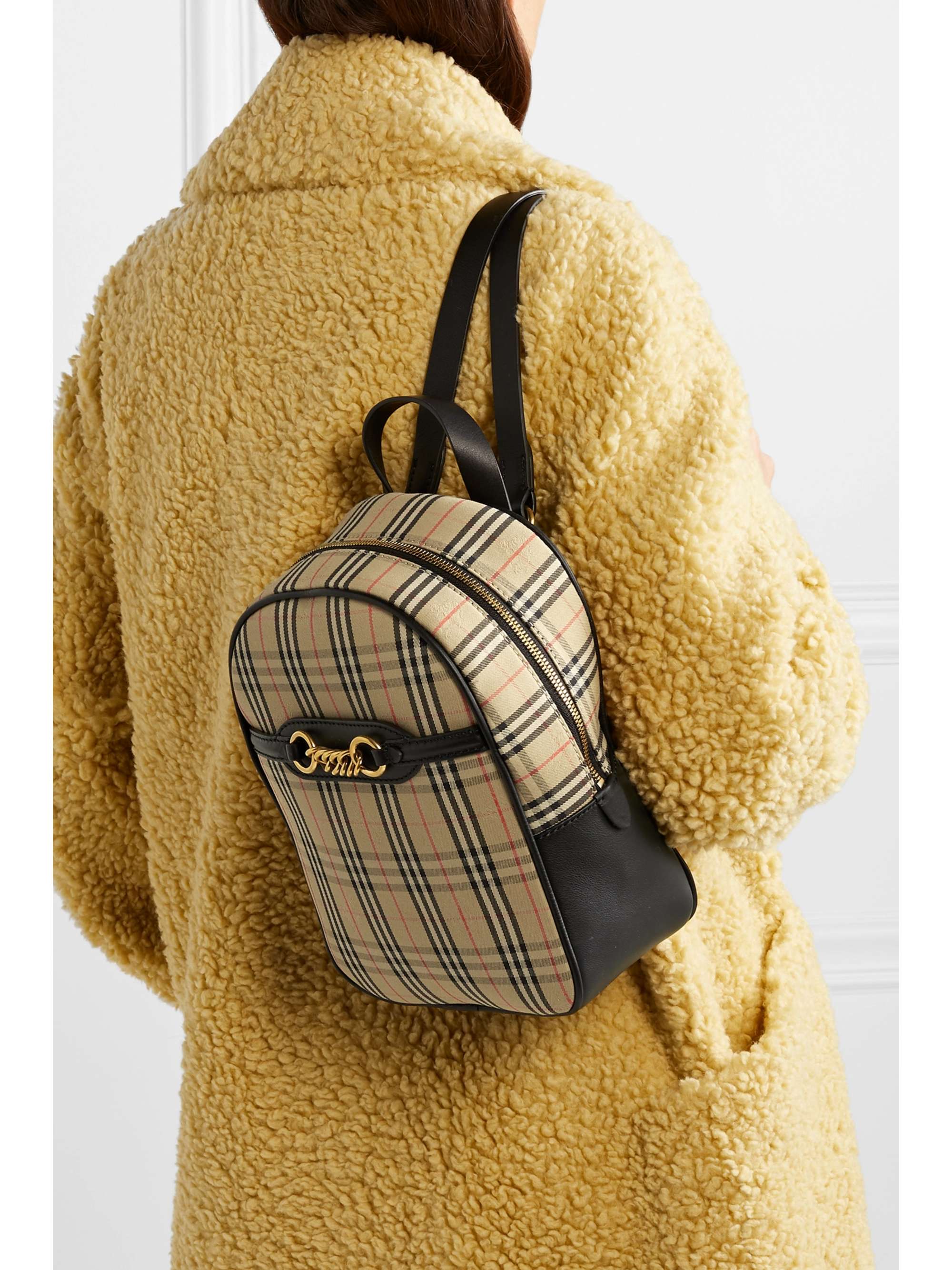 BURBERRY Embellished leather and checked cotton-drill backpack