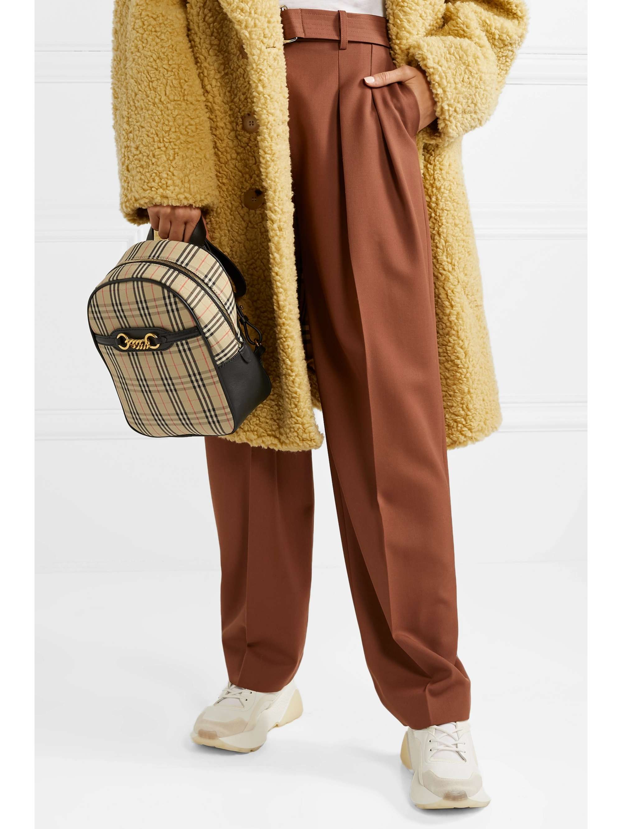 BURBERRY Embellished leather and checked cotton-drill backpack
