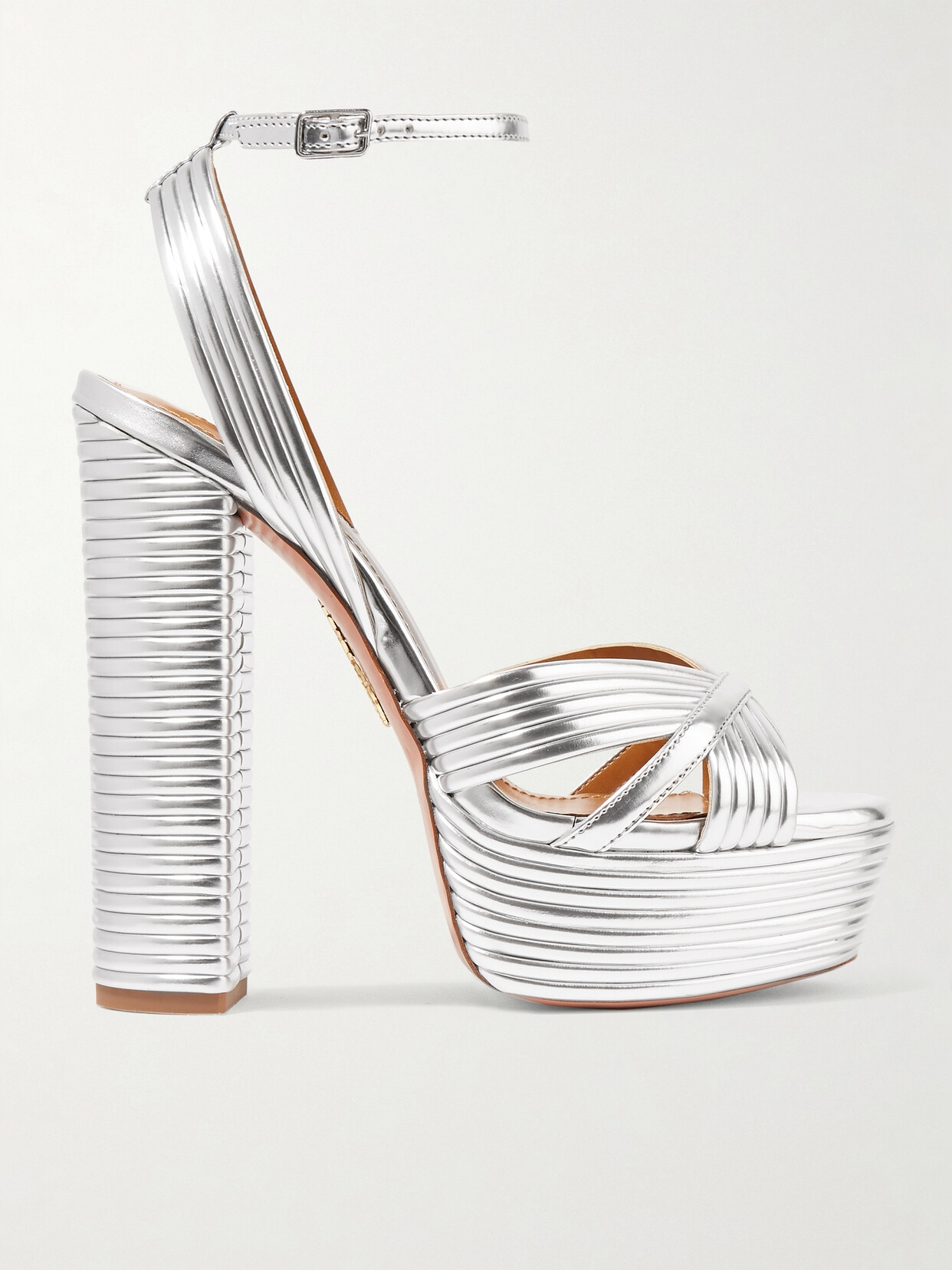 Shop Aquazzura Sundance 140 Metallic Leather Platform Sandals In Silver