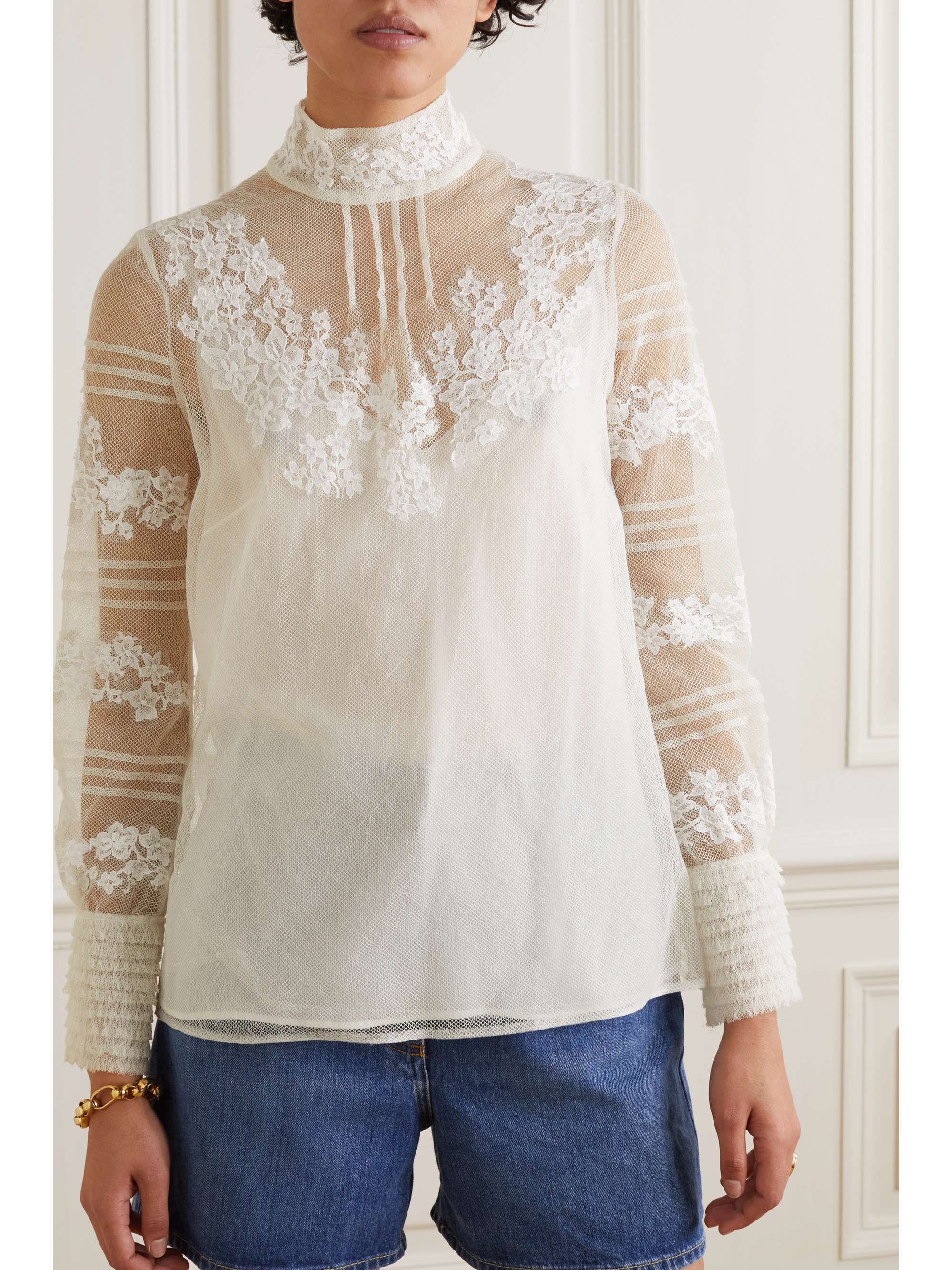 VALENTINO GARAVANI Lace-trimmed wool and silk-blend mesh blouse