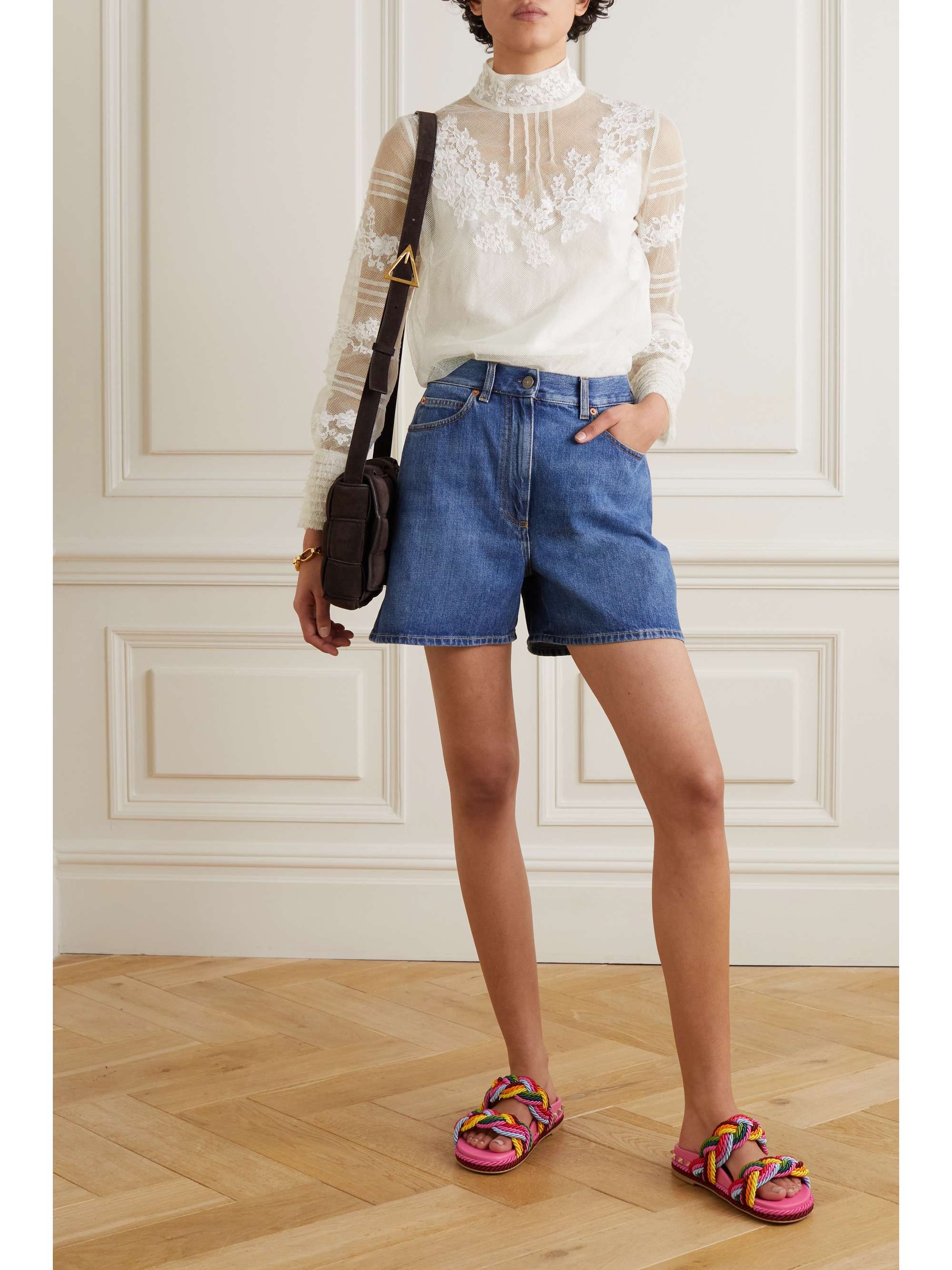 VALENTINO GARAVANI Lace-trimmed wool and silk-blend mesh blouse