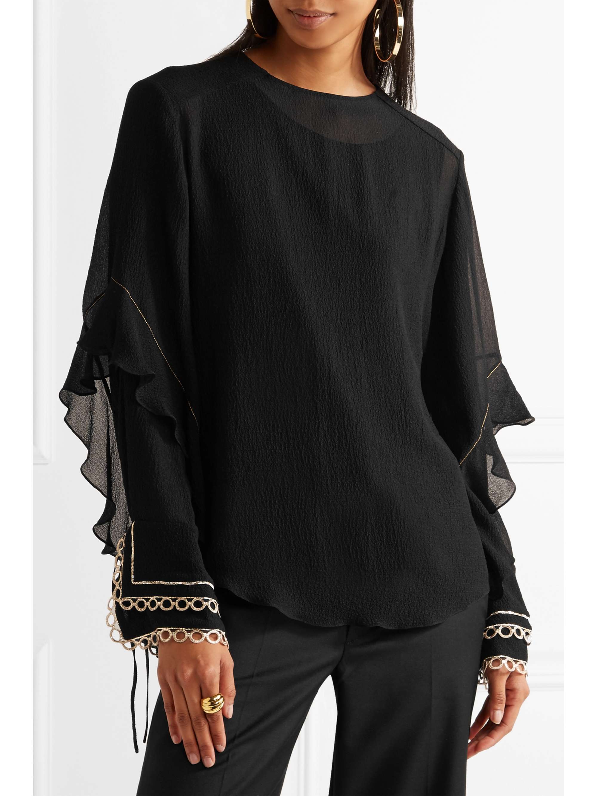 CHLOÉ Ruffled metallic-trimmed silk-seersucker blouse