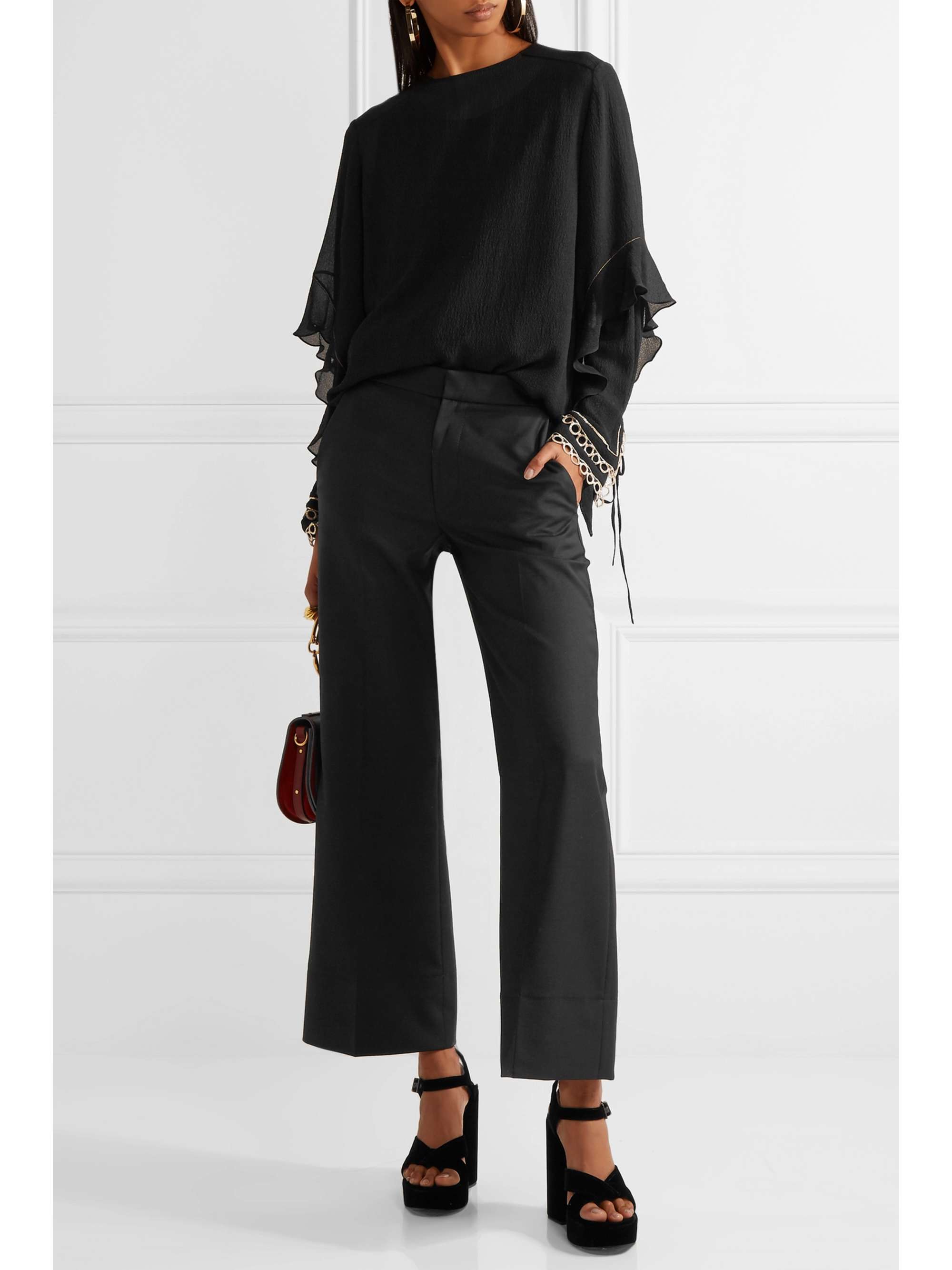 CHLOÉ Ruffled metallic-trimmed silk-seersucker blouse