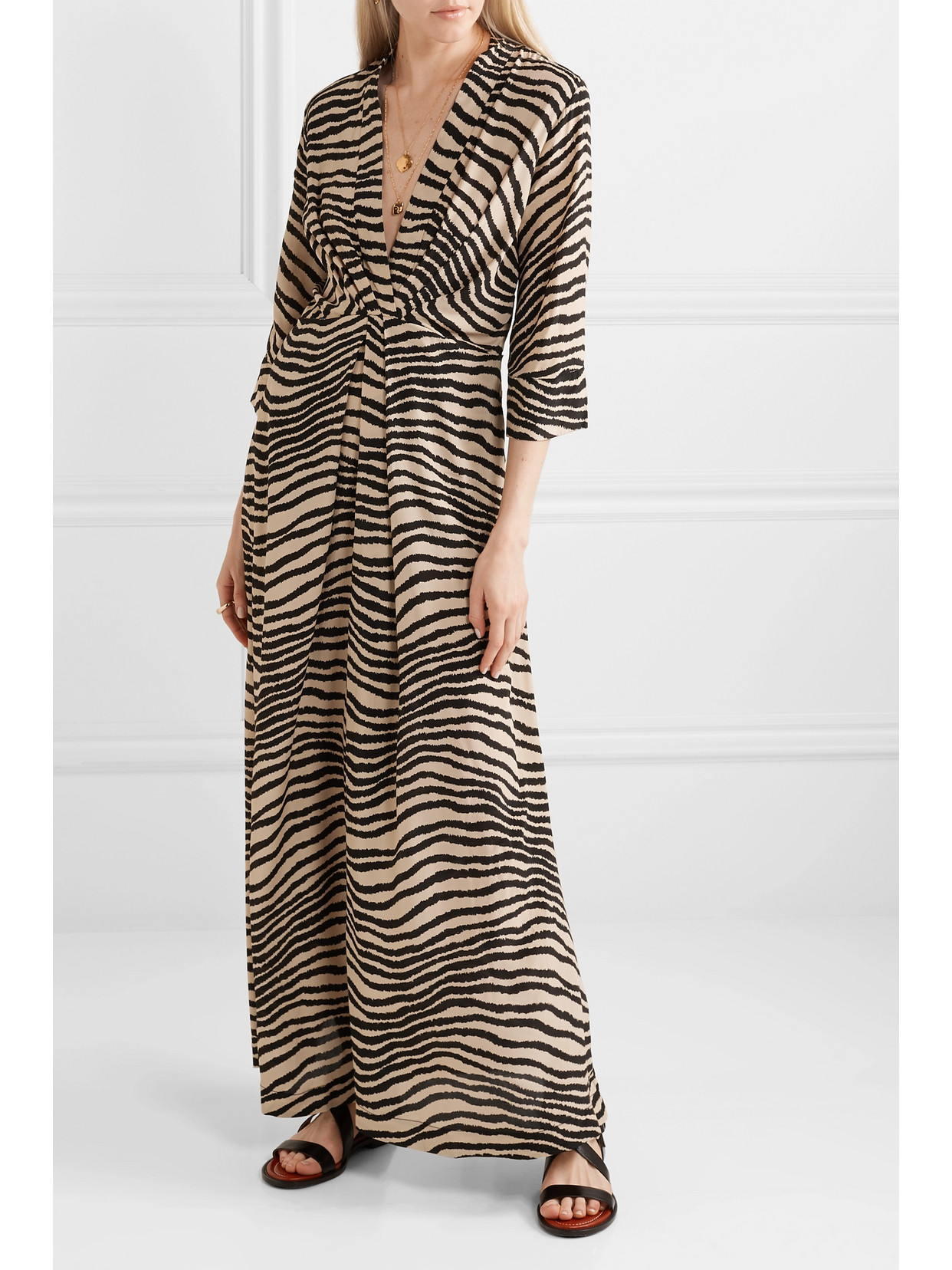 By Malene Birger Diya Zebra-print Gathered Crepe De Chine Maxi Dress In Multi
