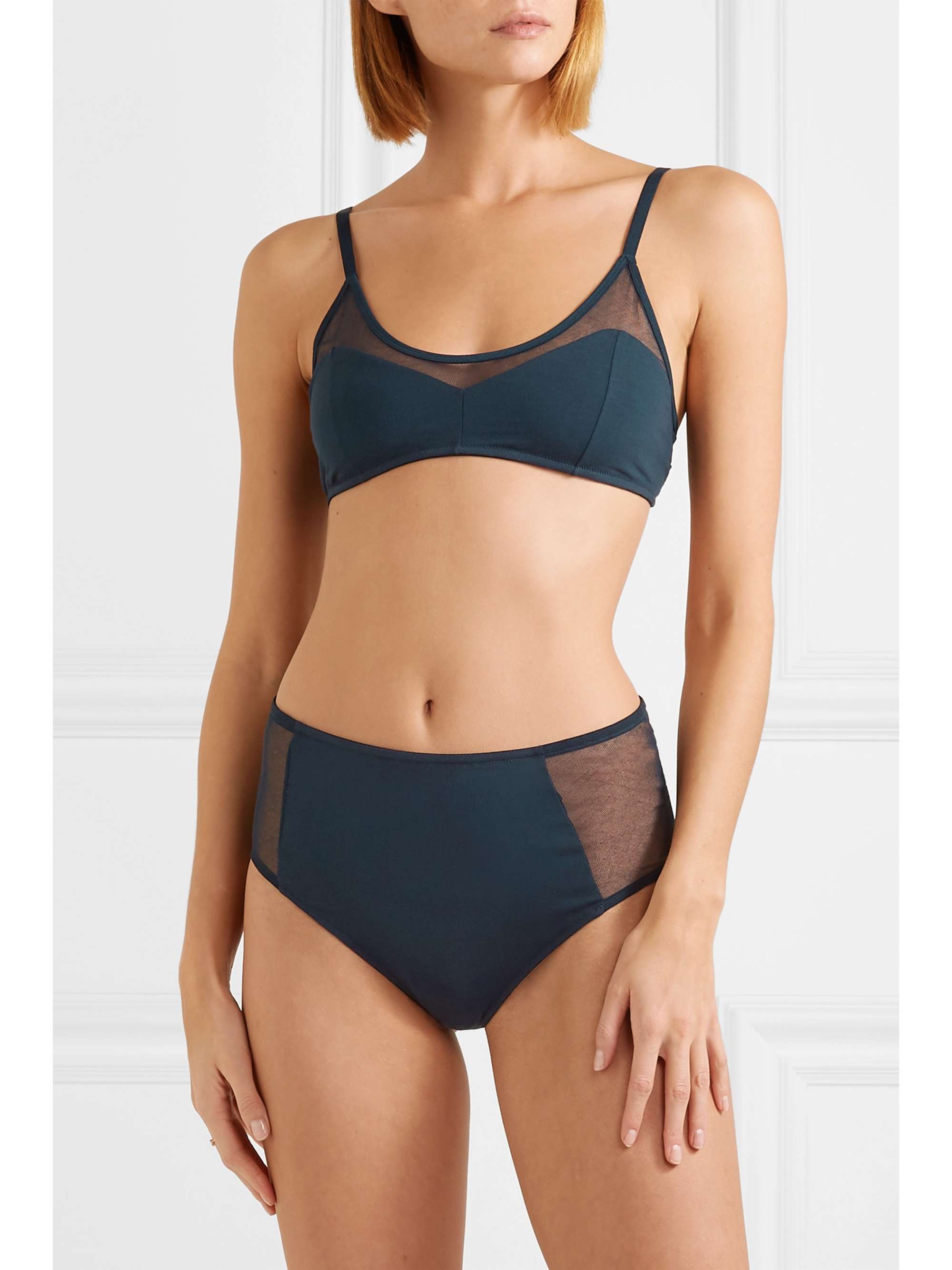 SKIN Oralie tulle-trimmed stretch organic Pima cotton-jersey soft-cup bra