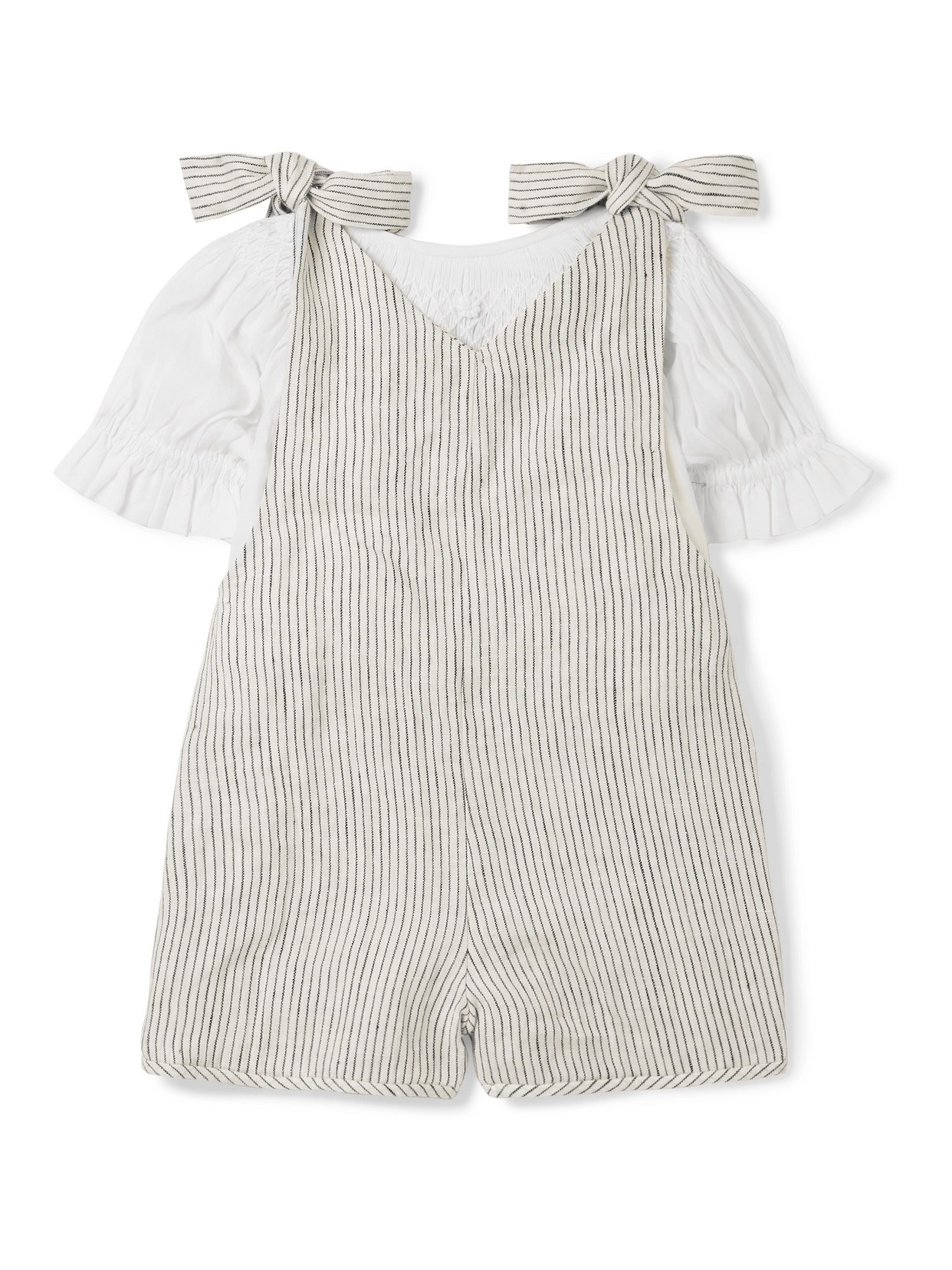 Shop Innika Choo Smocked Striped Linen Dungarees And Cotton Top Set In Gray