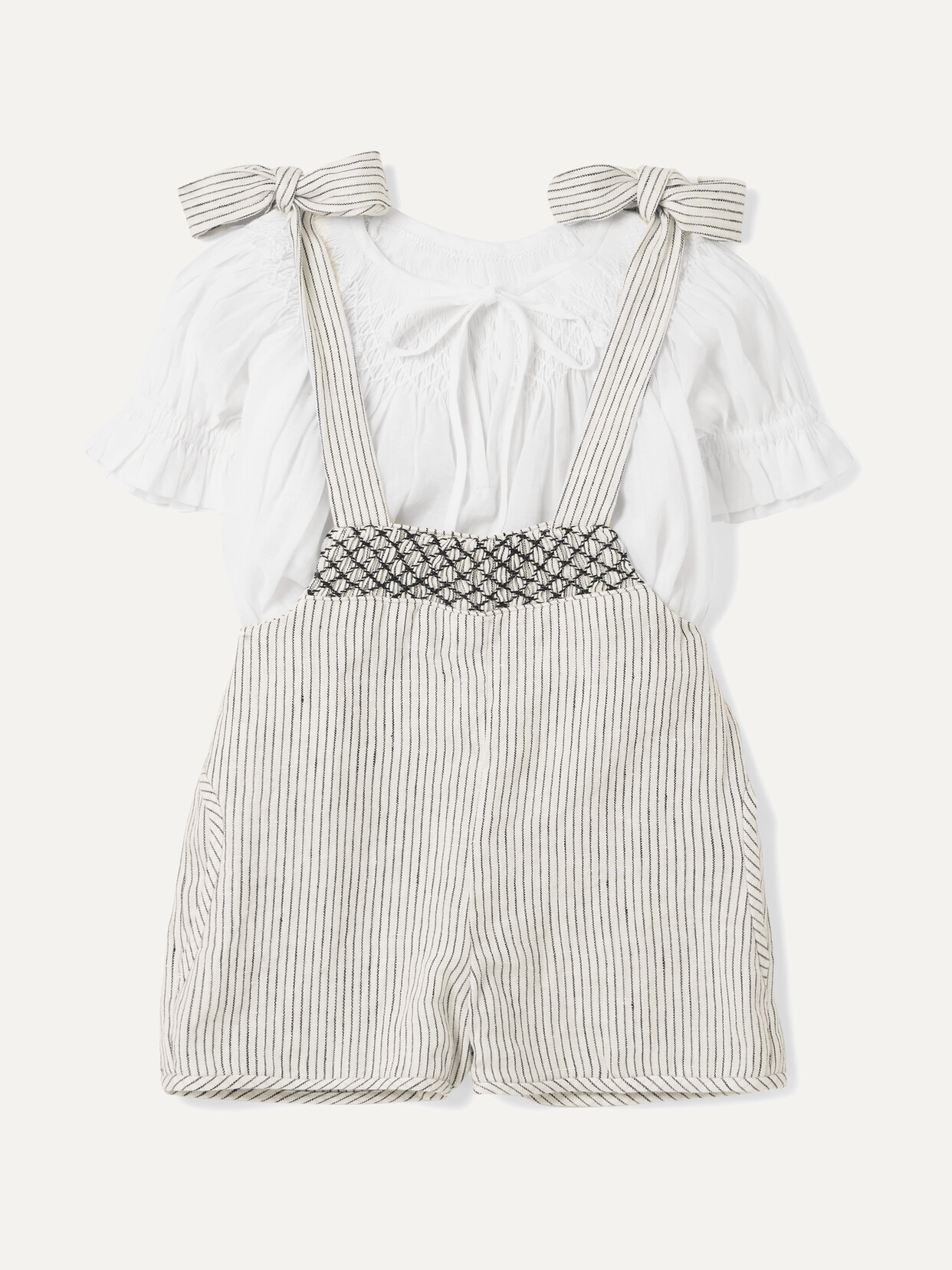 Innika Choo Smocked Striped Linen Dungarees And Cotton Top Set In Gray