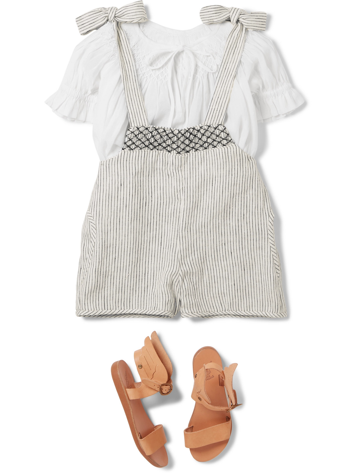 Shop Innika Choo Smocked Striped Linen Dungarees And Cotton Top Set In Gray