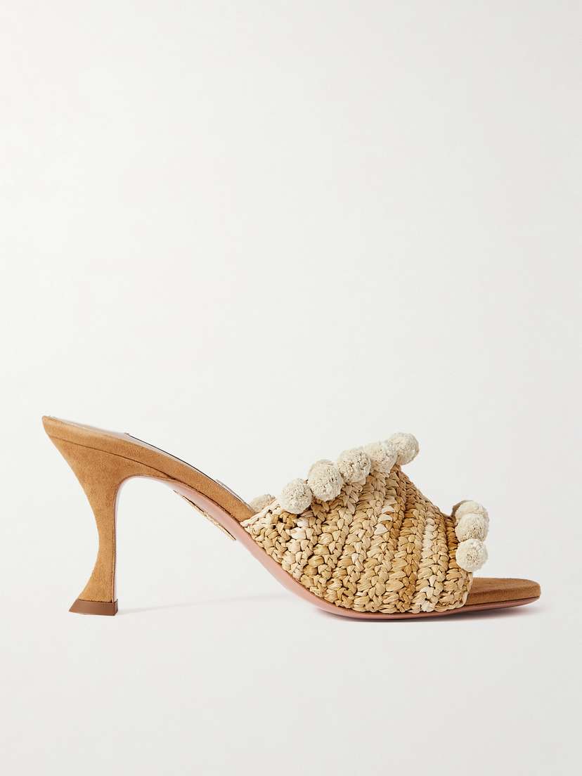 Aquazzura Pompom-embellished Woven Raffia Mules
