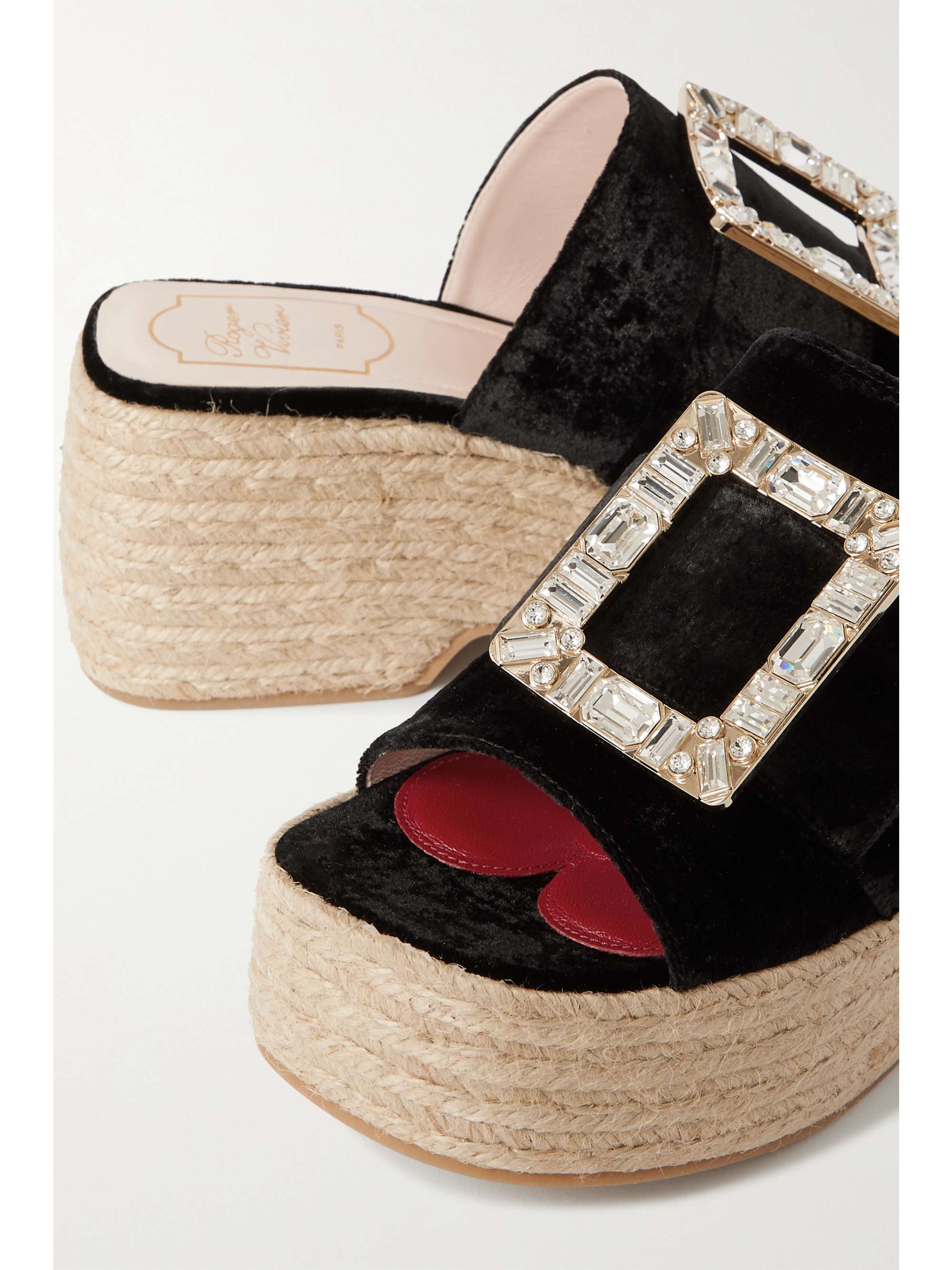 ROGER VIVIER Crystal-embellished velvet espadrille platform mules